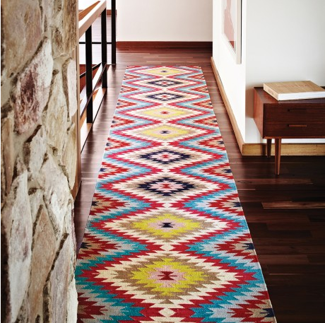 Colourful geometric pattern runner rug in hallway with timber floors