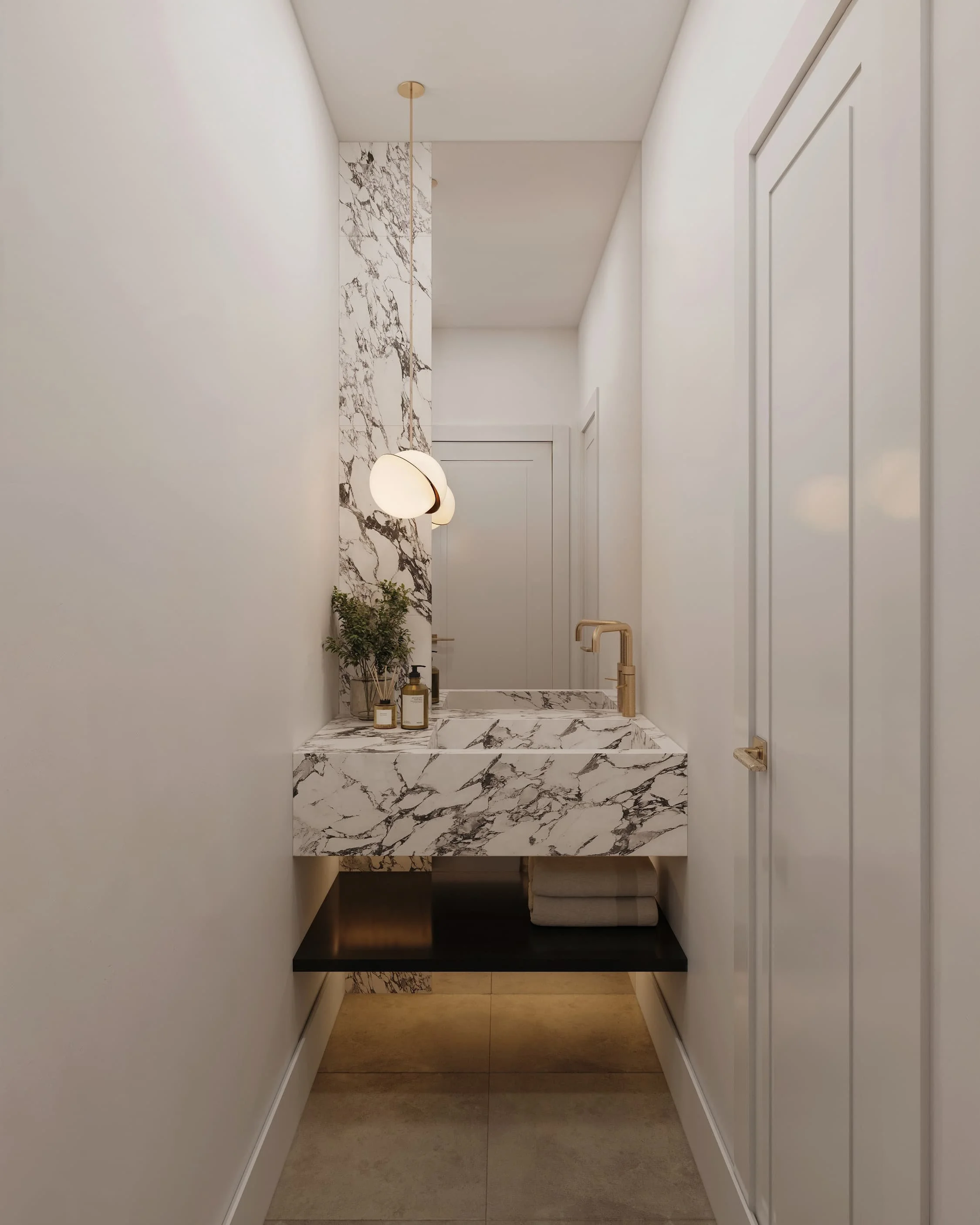 Modern bathroom with freestanding white bath black tapware hexagon tile niche and timber stool bathroom renovation Melbourne