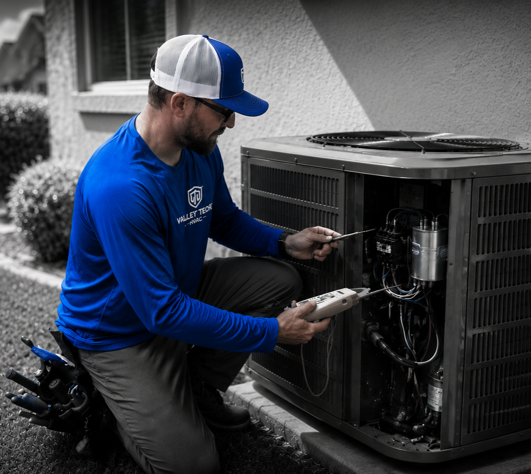 HVAC technician diagnosing and repairing residential air conditioning system