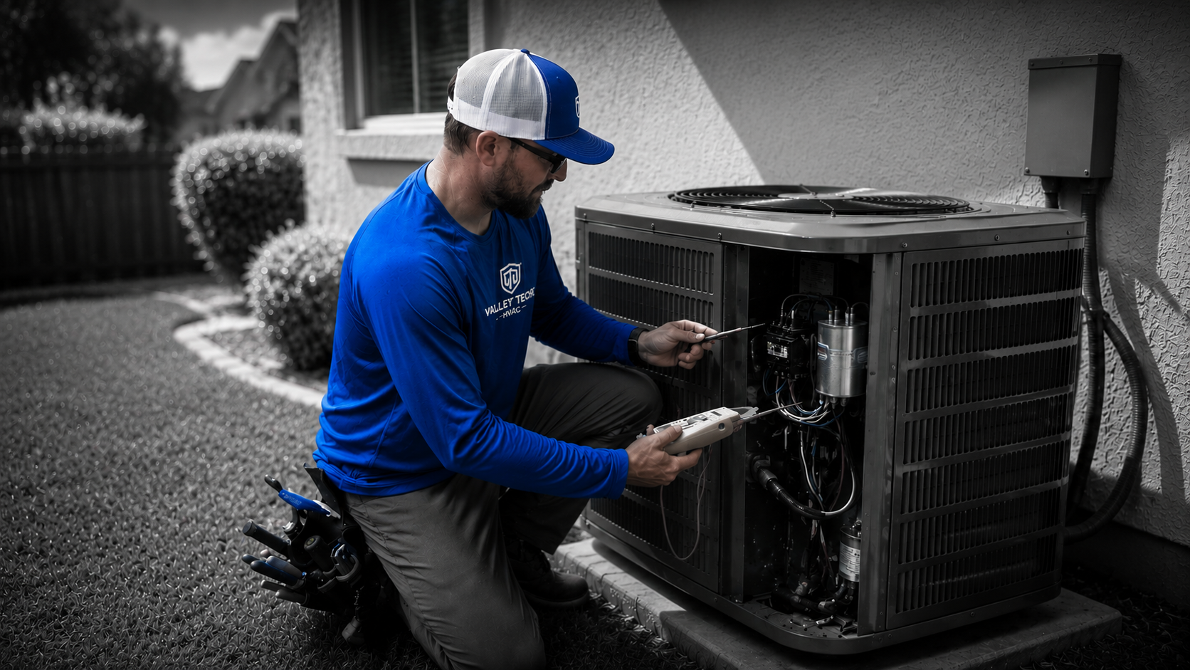 HVAC technician performing preventive air conditioning maintenance service in Fresno California