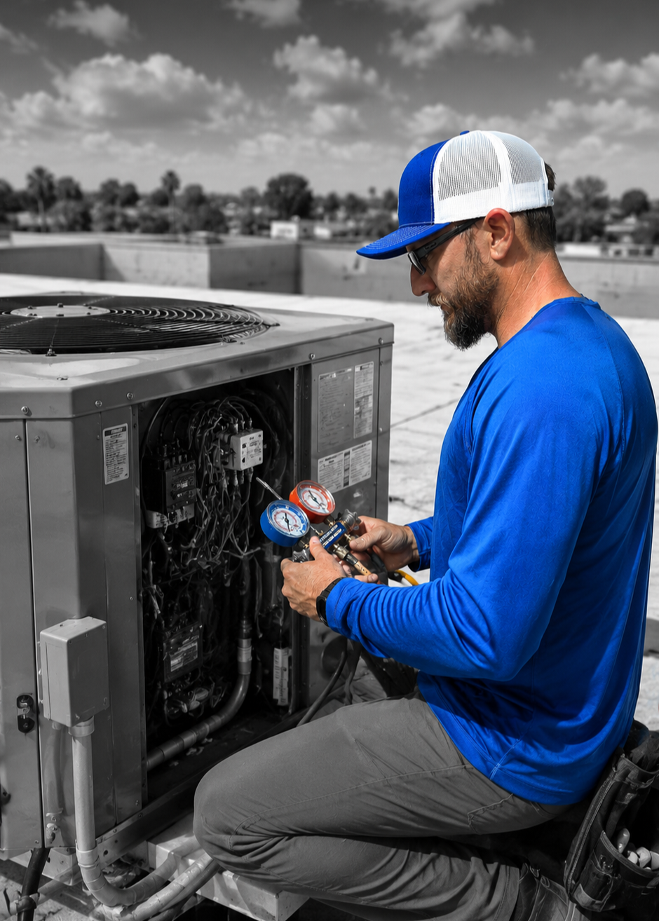 HVAC technician performing air conditioner maintenance service on rooftop unit