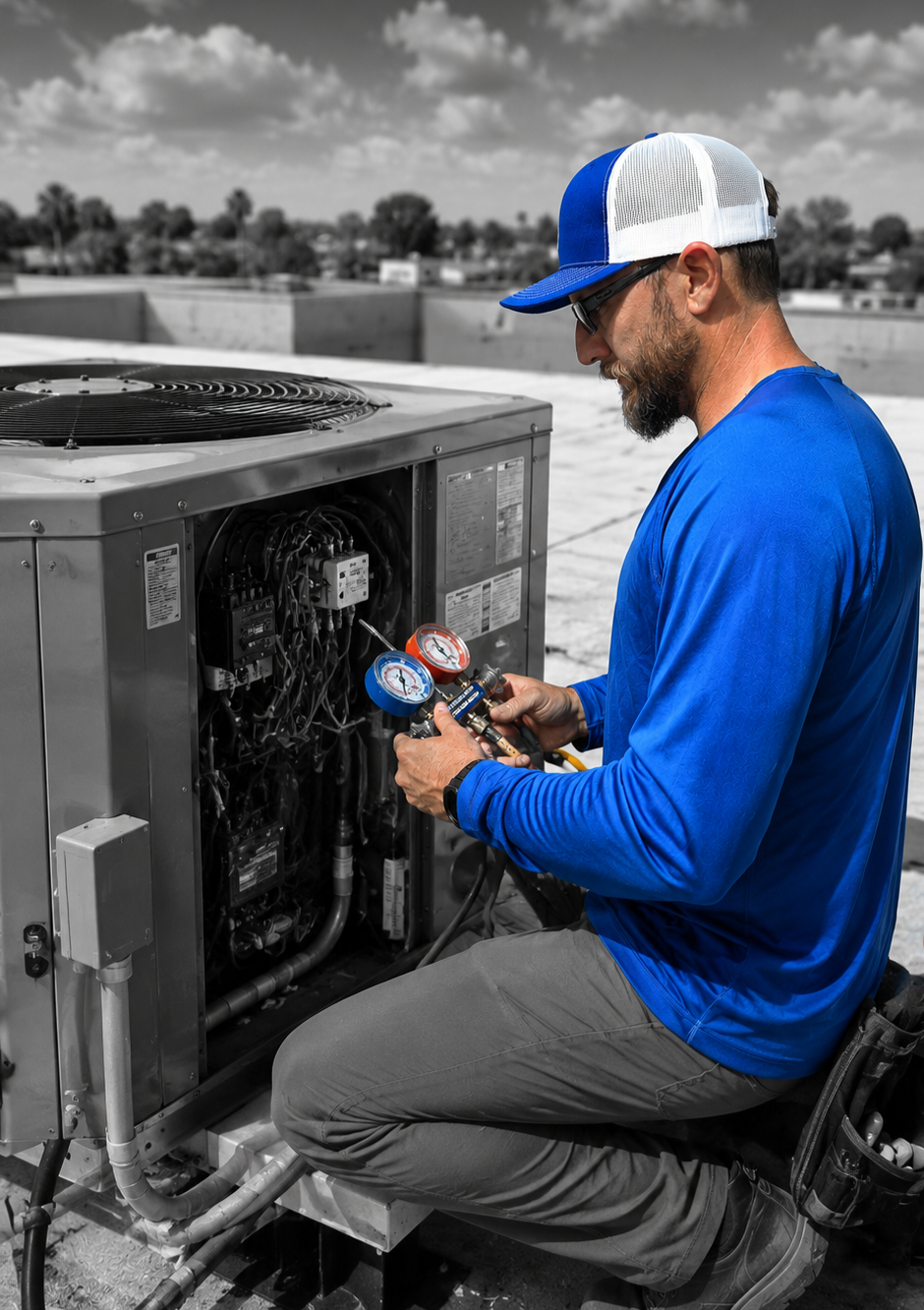 HVAC technician troubleshooting and repairing residential air conditioning equipment