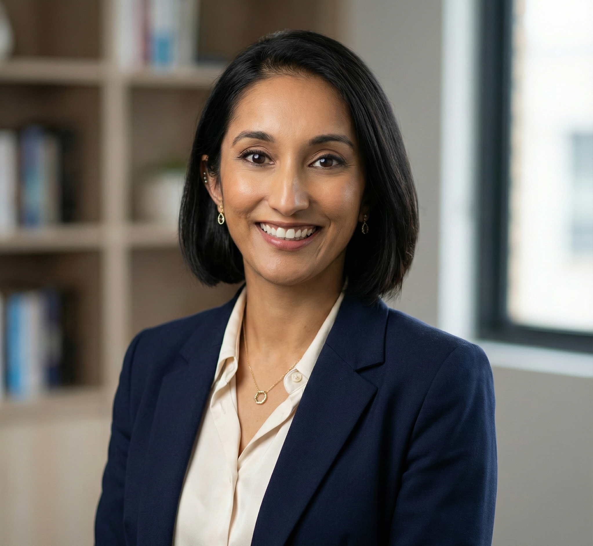 A professional woman with short black hair wearing a navy blazer, white blouse, gold earrings, and a gold necklace, smiling in an office setting.