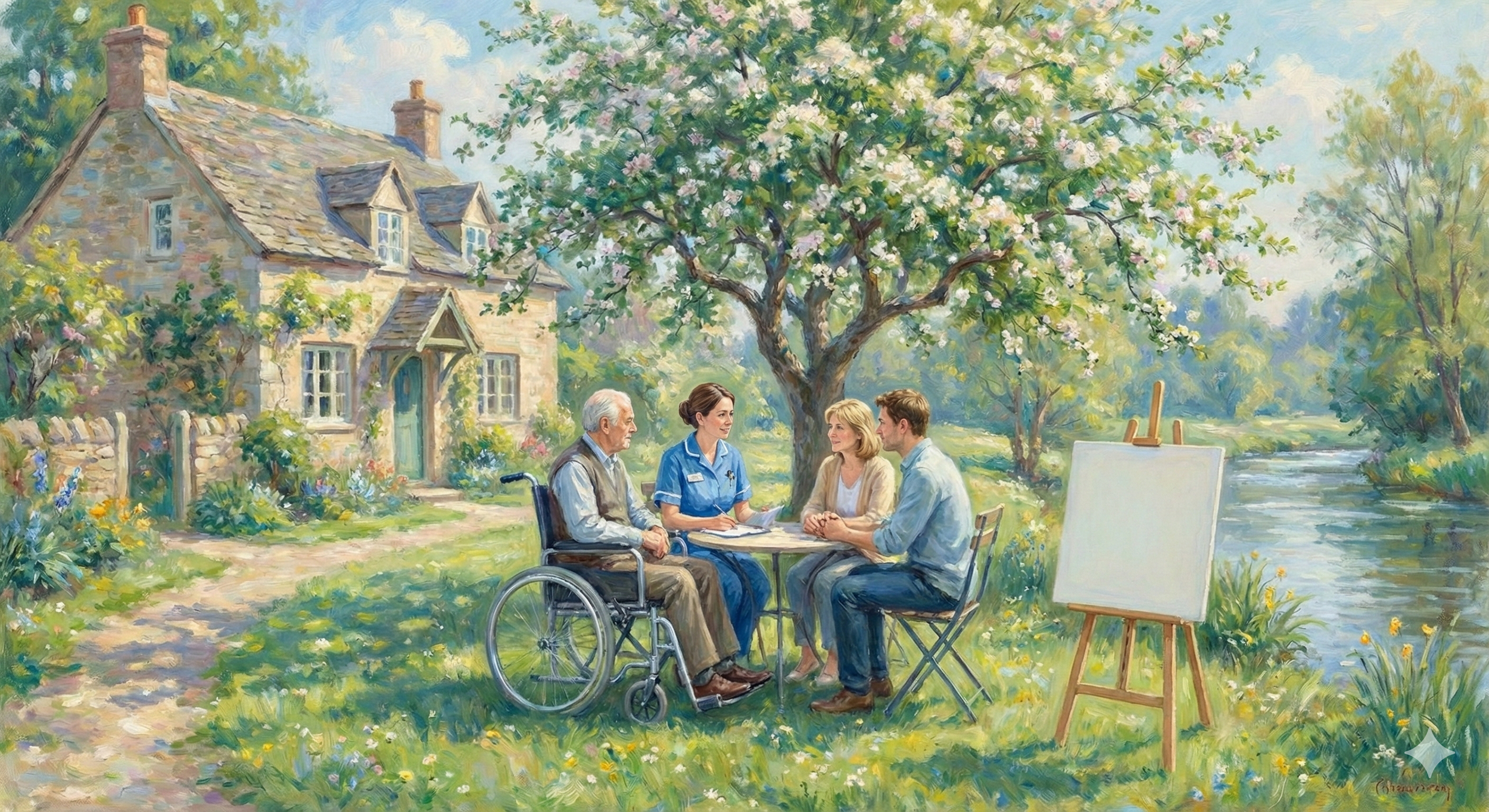 Painting of four people sitting around a table outdoors near a river and a large flowering tree, with a stone house in the background, during spring or summer.