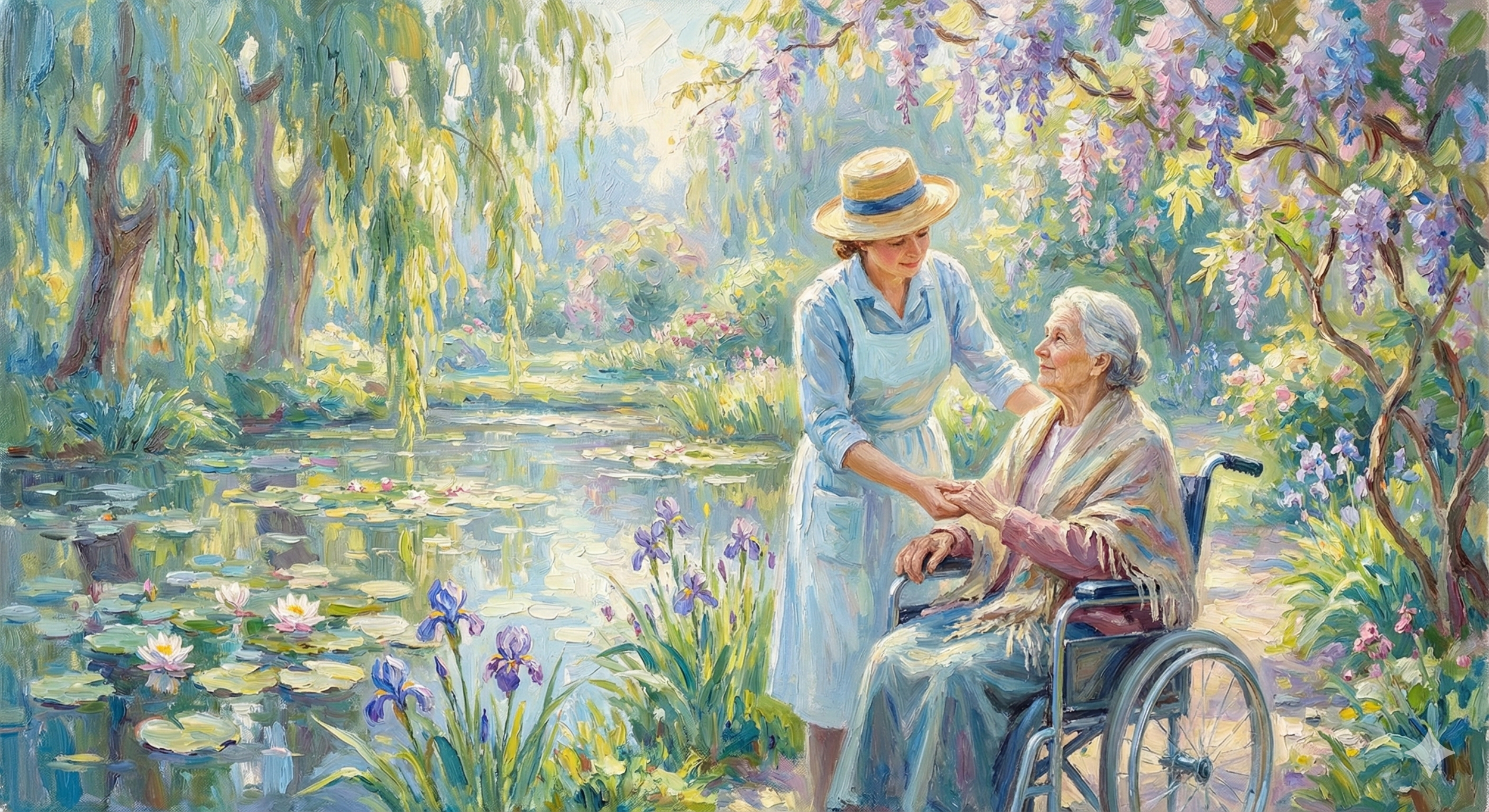 An impressionist style painting of a young woman in a blue dress and straw hat gently holding hands with an elderly woman in a wheelchair, surrounded by a lush garden with purple irises, a pond with water lilies, and trees with hanging branches.