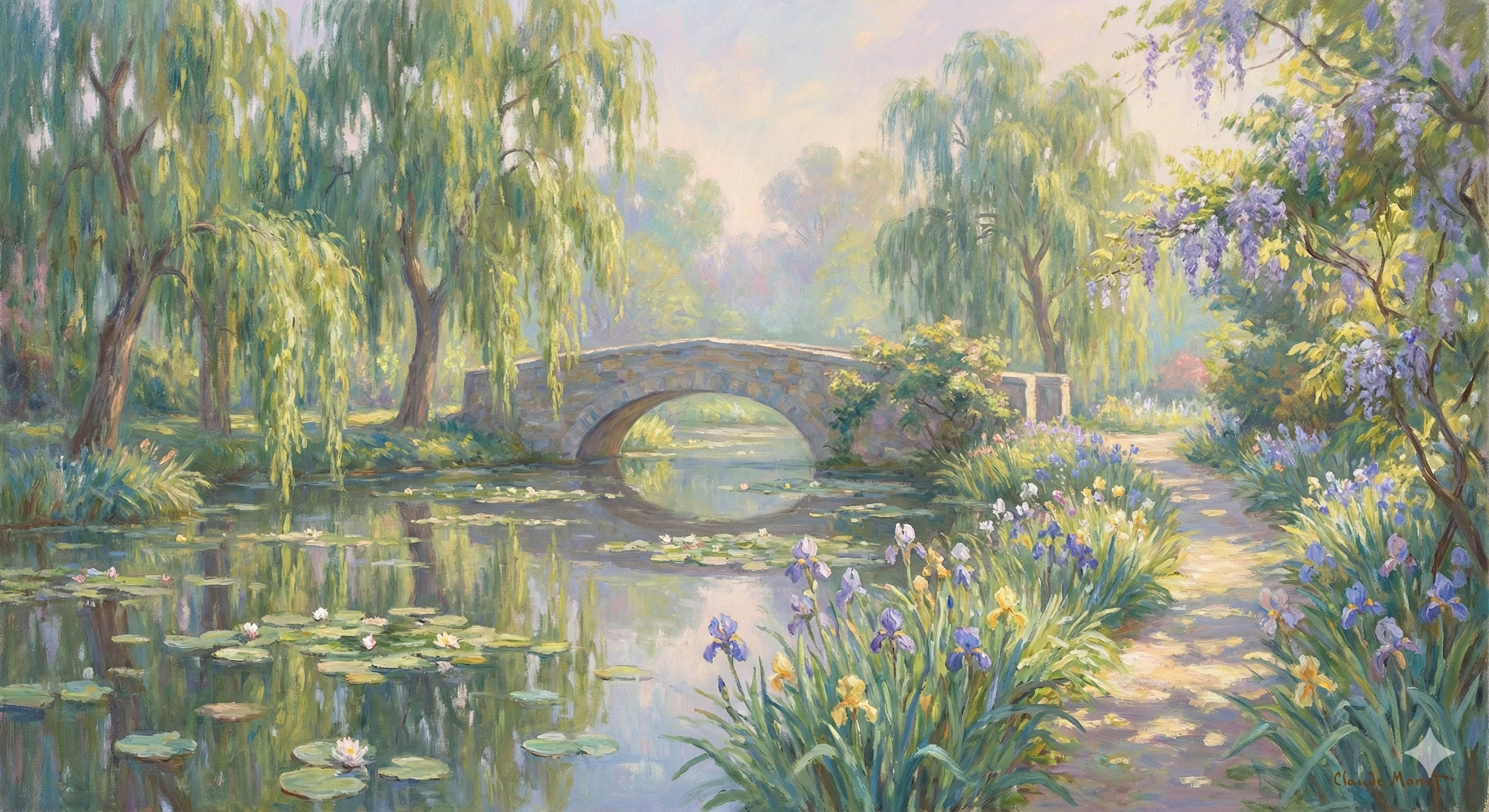A peaceful painting of a serene pond with a stone bridge arching over it, surrounded by lush green trees, colorful flowers, and lily pads floating on the water, bathed in soft sunlight.