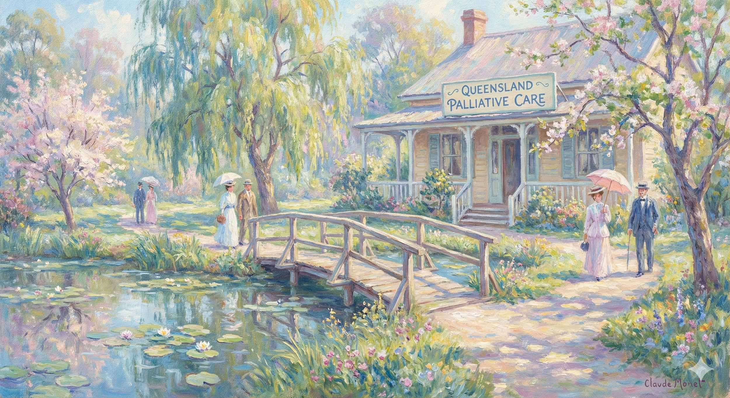 A pastel painting of a serene garden scene with a pond, a small bridge, and a house with a sign that reads "Queensland Palliative Care." Several people dressed in early 20th-century clothing are walking with umbrellas among blooming trees and colorful flowers.