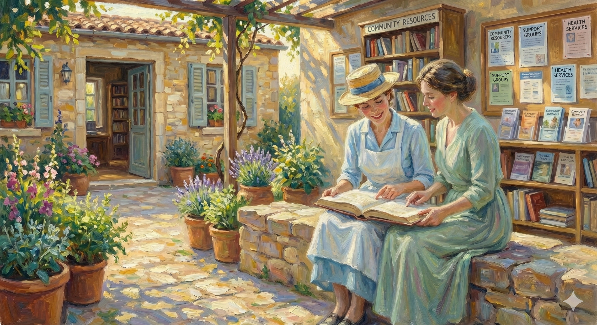 Two women in vintage clothing sitting on a stone bench, reading a book together in a sunlit garden or courtyard area, surrounded by potted flowers and greenery. A wooden bookshelf filled with books and community resource notices is behind them, and a stone building with open blue shutters and a partially open door is visible in the background.