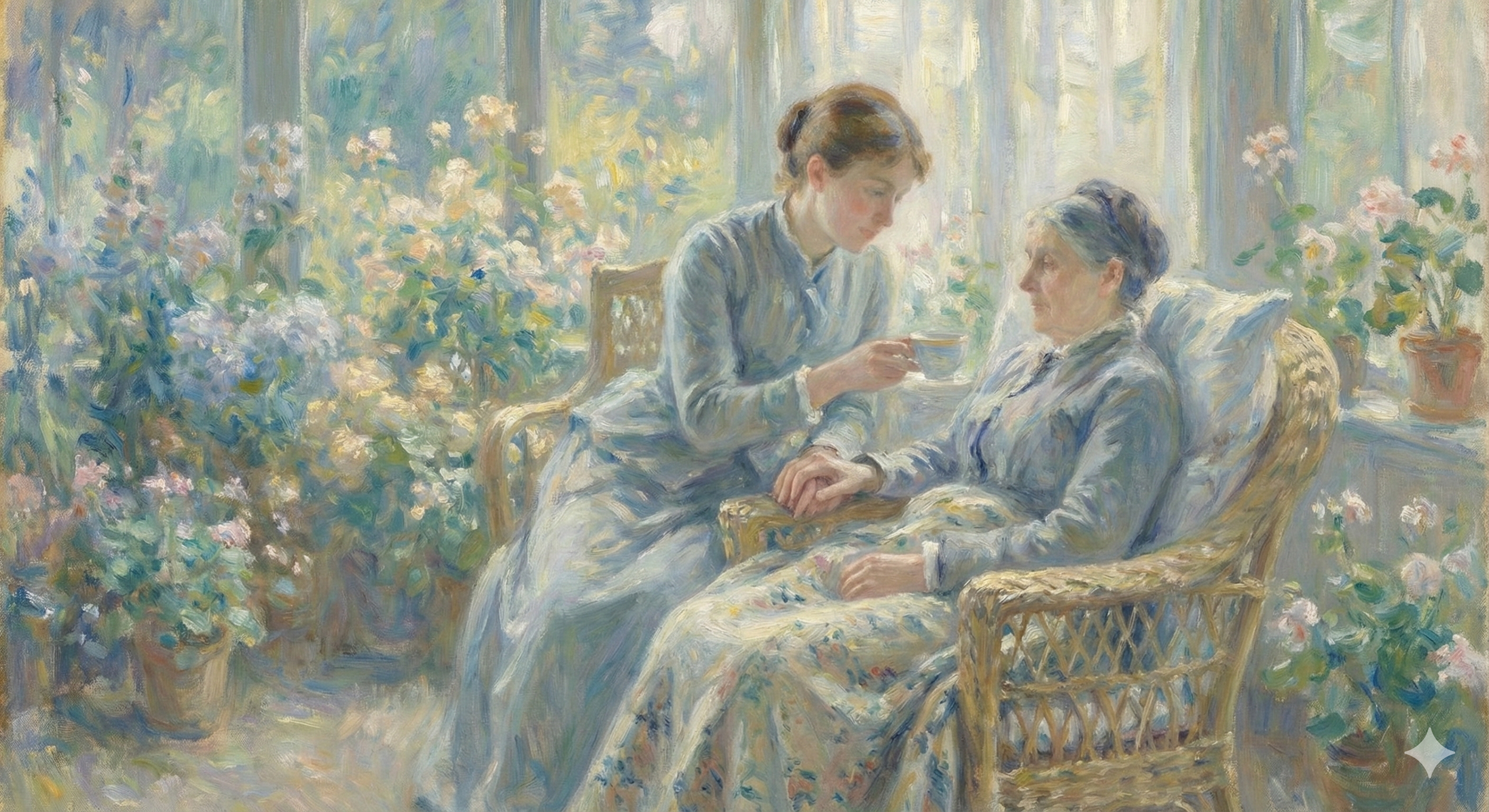 An impressionist painting of two women in a sunlit room filled with potted plants and blooming flowers. One woman is sitting in a wicker chair with a blanket over her lap, holding hands with the other woman who is standing beside her and offering her a cup.