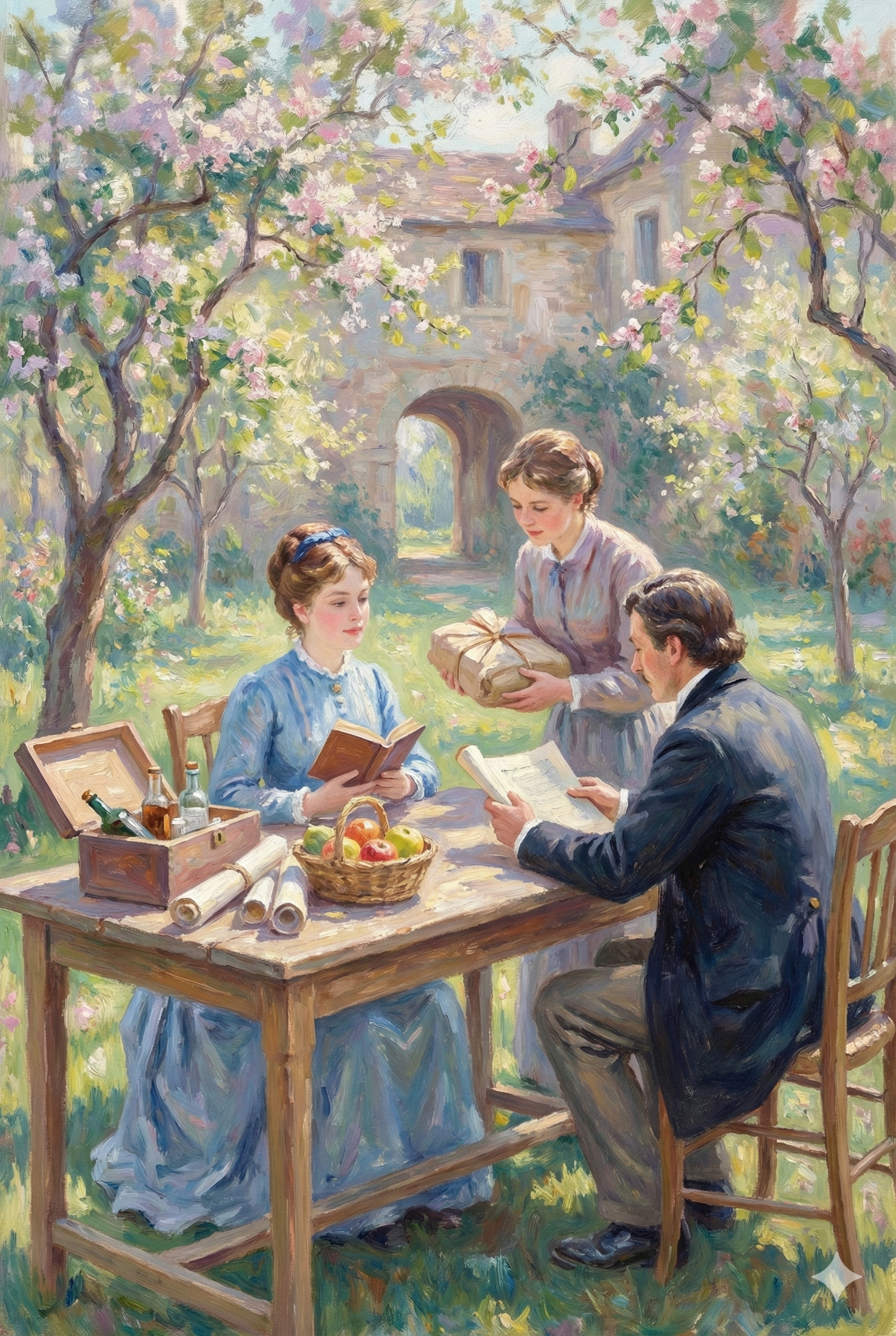 A painting of three people outdoors under blossoming trees with a building in the background. One woman is giving a wrapped gift to a seated man while another woman reads a book. The table has apples, bottles, scrolls, and a basket of fruit.