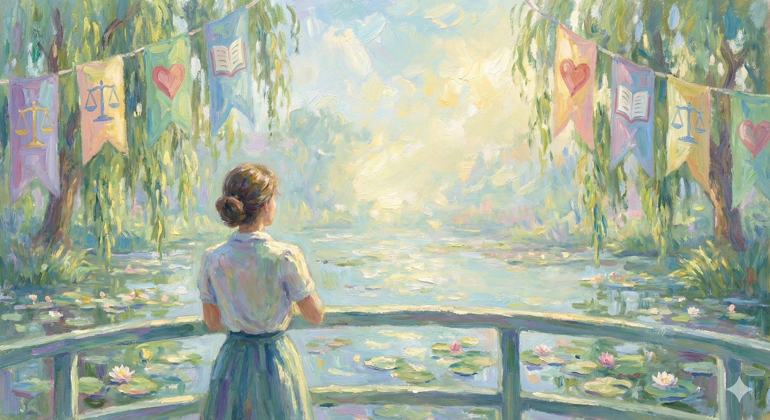 A woman with her hair in a bun standing on a bridge overlooking a pond with water lilies, surrounded by trees with colorful banners bearing hearts, scales, and books hanging from the branches, painted in soft pastel colors.