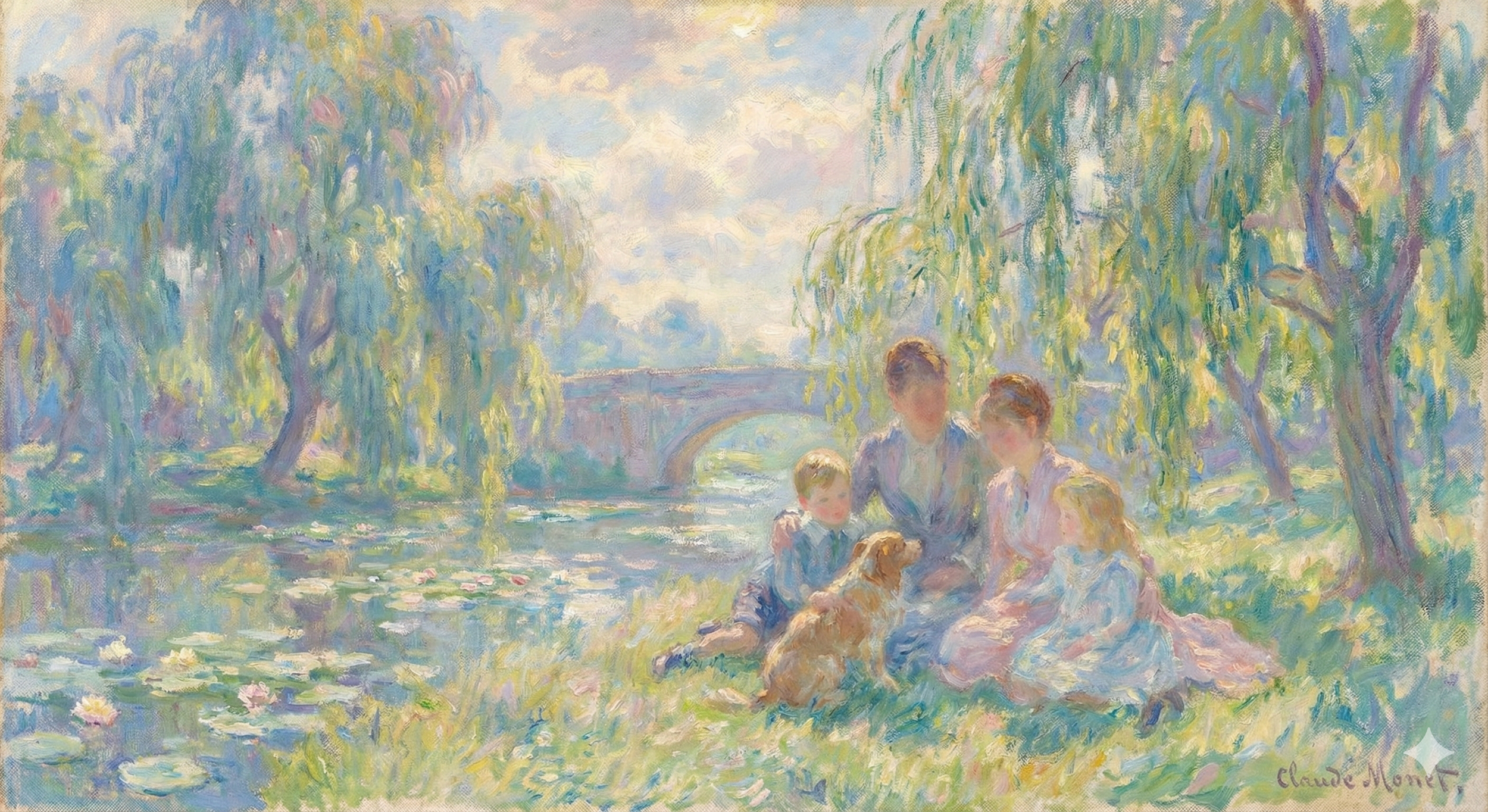 Impressionist painting of a family of four sitting by a pond with water lilies, trees, and a bridge in the background on a sunny day.