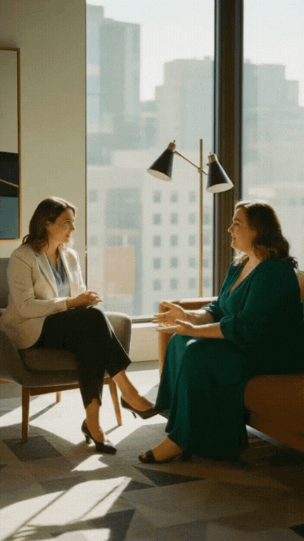 Two women having a conversation in a modern office with large windows and city skyline view; one woman is seated on a chair, and the other is sitting on a sofa.
