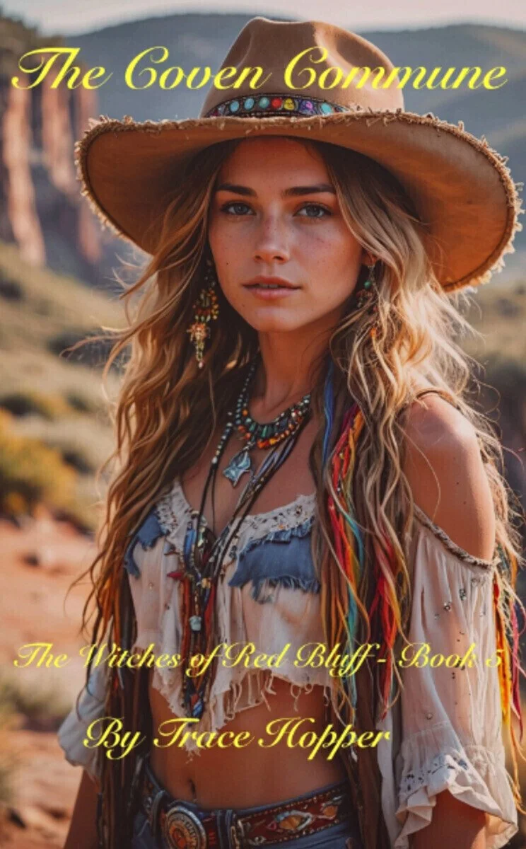 Book cover image features a young woman with long, wavy blonde hair wearing a wide-brimmed hat, beaded jewelry, and a boho-style top. The background shows a desert landscape with cliffs and mountains. The title reads 'The Coven Commune' and the subtitle 'The Witches of Red Bluff - Book 5' by Trace Hopper, written in yellow cursive font.