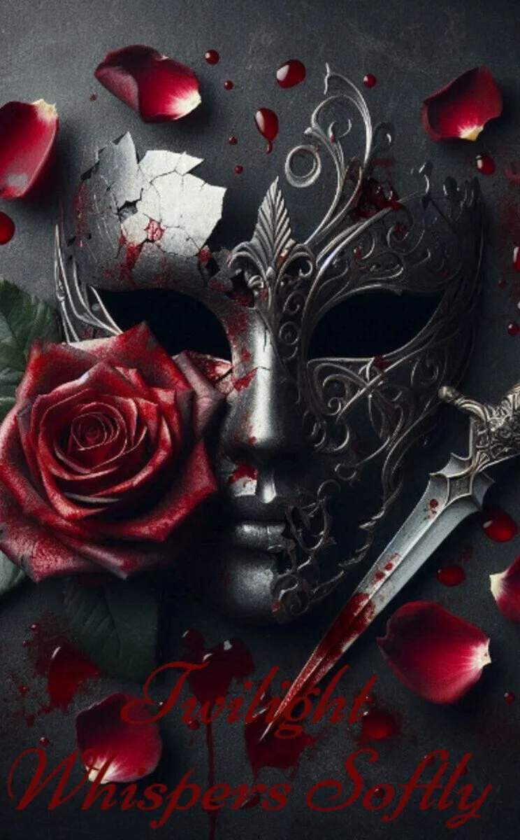 A decorative mask with an ornate design, half in silver color, surrounded by red rose petals and a red rose with some leaves. Bloodstains are visible on the mask, rose, and petals. A dagger with blood on the blade is placed next to the mask. The words "Twilight Whispers Softly" are written in red cursive text at the bottom of the image.