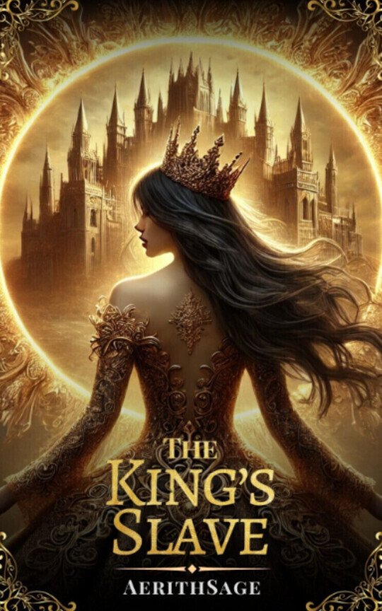 A fantasy illustration featuring a woman with long dark hair wearing a crown, set against a glowing golden background with a large castle, promoting the game "The King's Slave" by Aerithsage.