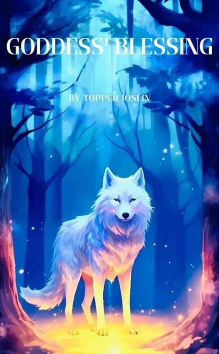 Fantasy book cover titled "Goddess' Blessing" by Topper Josia featuring a glowing white wolf in a mystical forest with blue and purple tones.