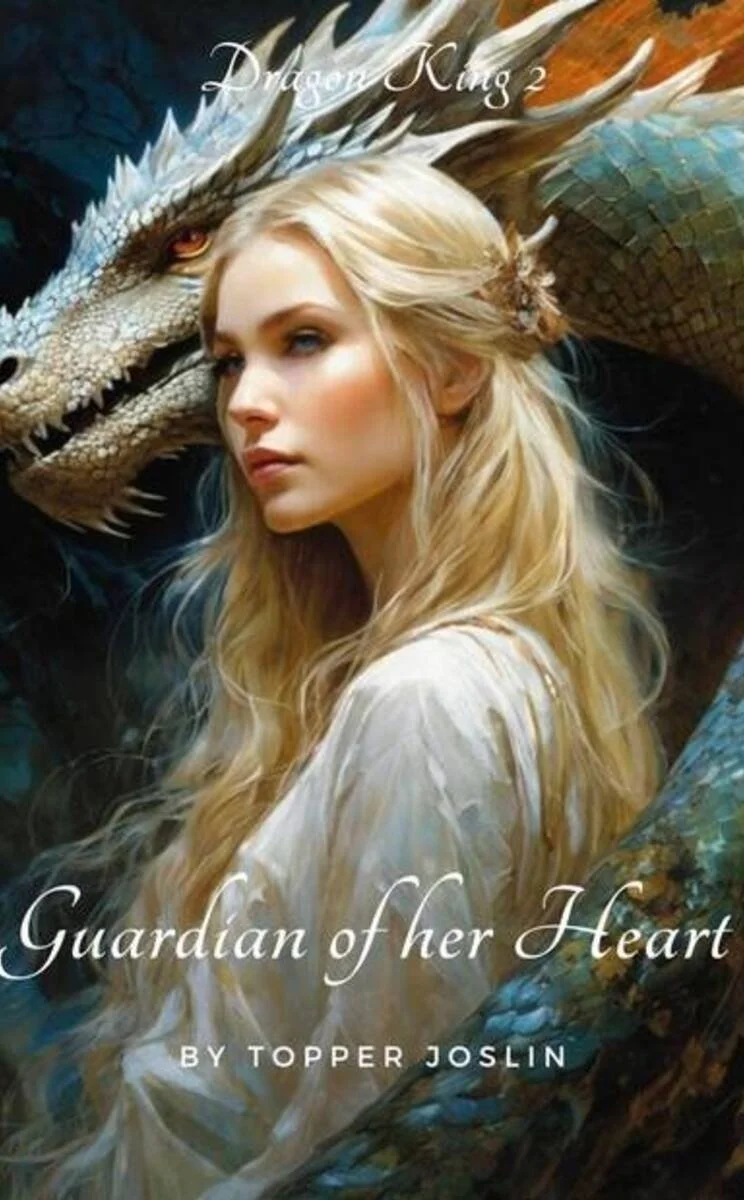 Book cover titled "Guardian of her Heart" by Topper Joslin featuring a portrait of a blonde woman with long, wavy hair and a serious expression, alongside a dragon with white and gold scales.