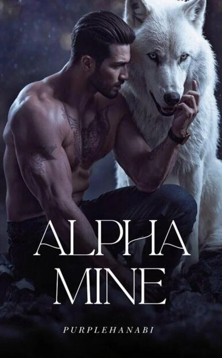 A shirtless man with tattoos sitting next to a white wolf, with text that reads 'Alpha Mine' and 'PurpleHanabi'.