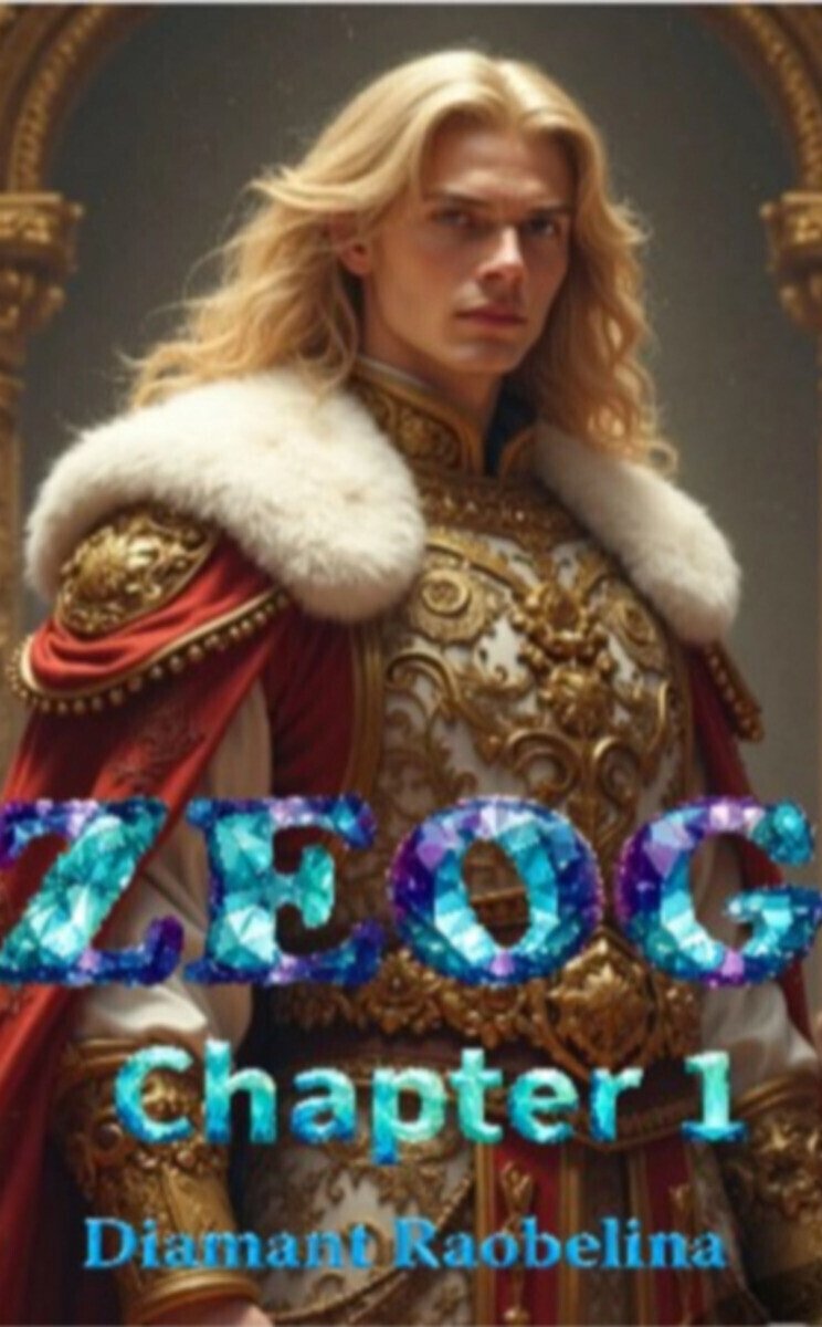A young man dressed as a medieval or fantasy king with long blonde hair, wearing ornate gold and red armor with a white fur cape. The image has colorful text reading "CCG" and "Chapter 1" with "Diamond Raeblina" underneath.