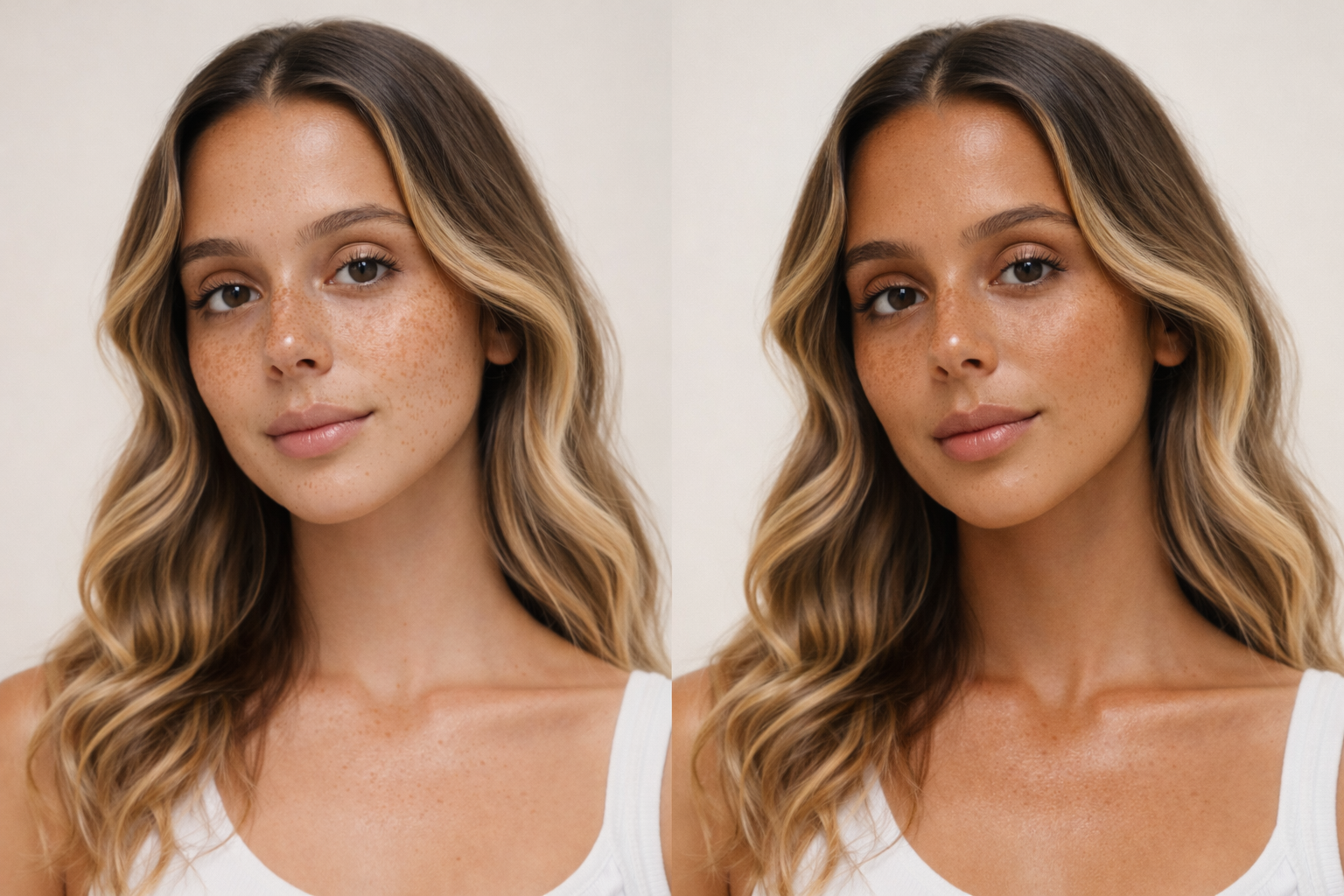 A side-by-side comparison of a young woman with light skin and blonde wavy hair, with a natural makeup look, wearing a white tank top, against a plain light background.