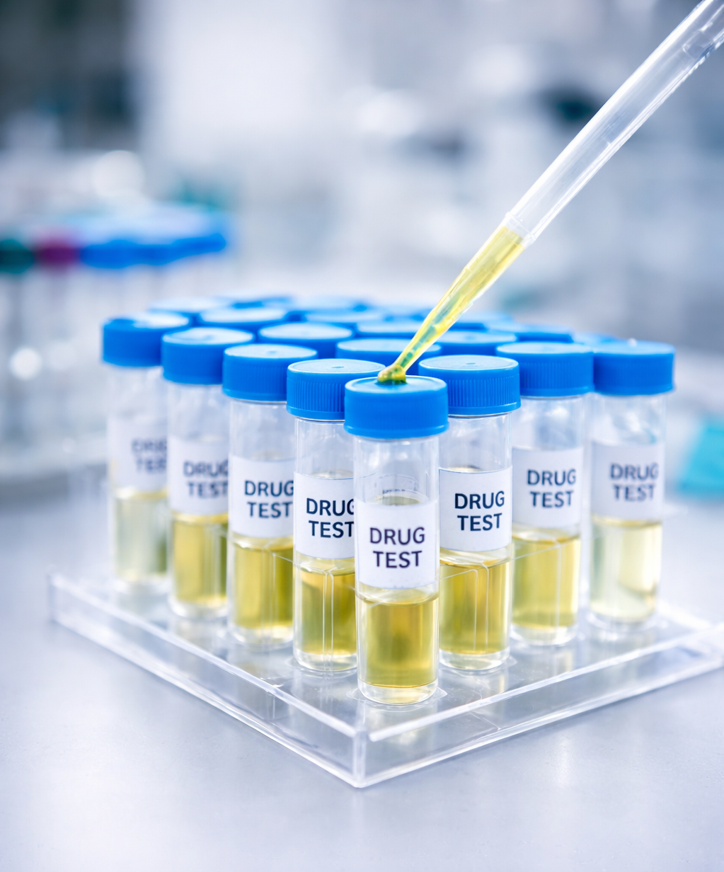 Test tubes with yellow liquid labeled 'Drug Test' in a lab, with a pipette adding liquid to one of the test tubes.