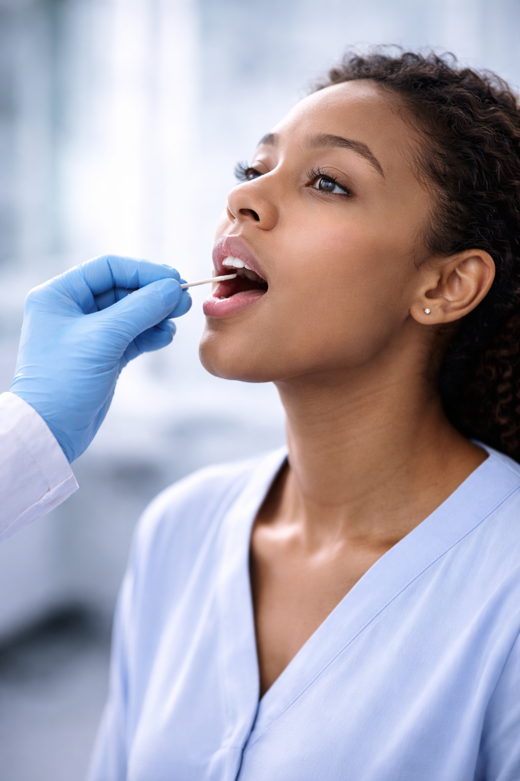 Medical professional using a cotton swab to test a woman’s throat.