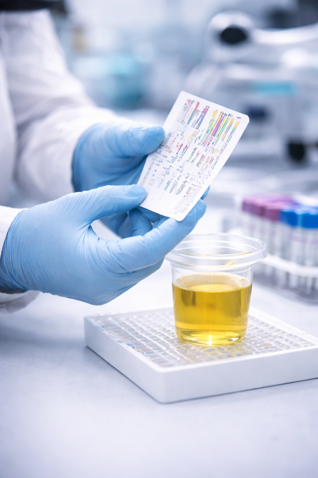 A scientist wearing blue gloves holds a petri dish with yellow liquid and a lottery ticket in a laboratory setting.