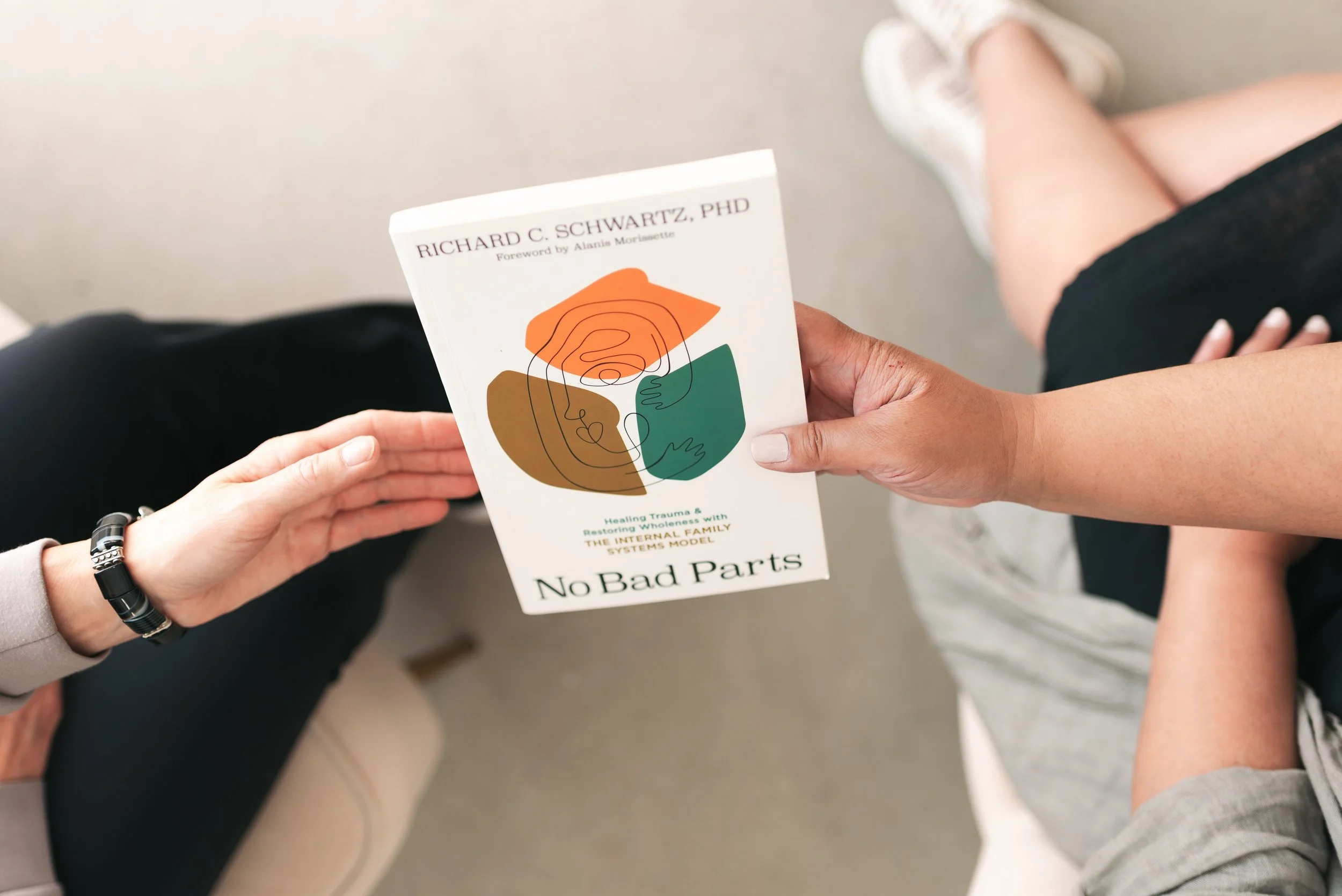Person holding a book titled 'No Bad Parts' by Richard C. Schwartz, PH.D., with a foreword by Alanis Morissette, featuring an abstract cover design with orange, green, and brown shapes.