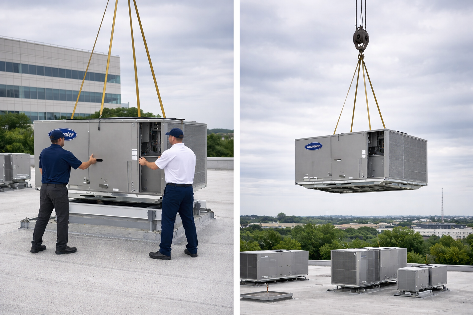 Two workers in blue and white uniforms are installing or repairing rooftop air conditioning units, with one unit being lowered by a crane onto the roof of a building.