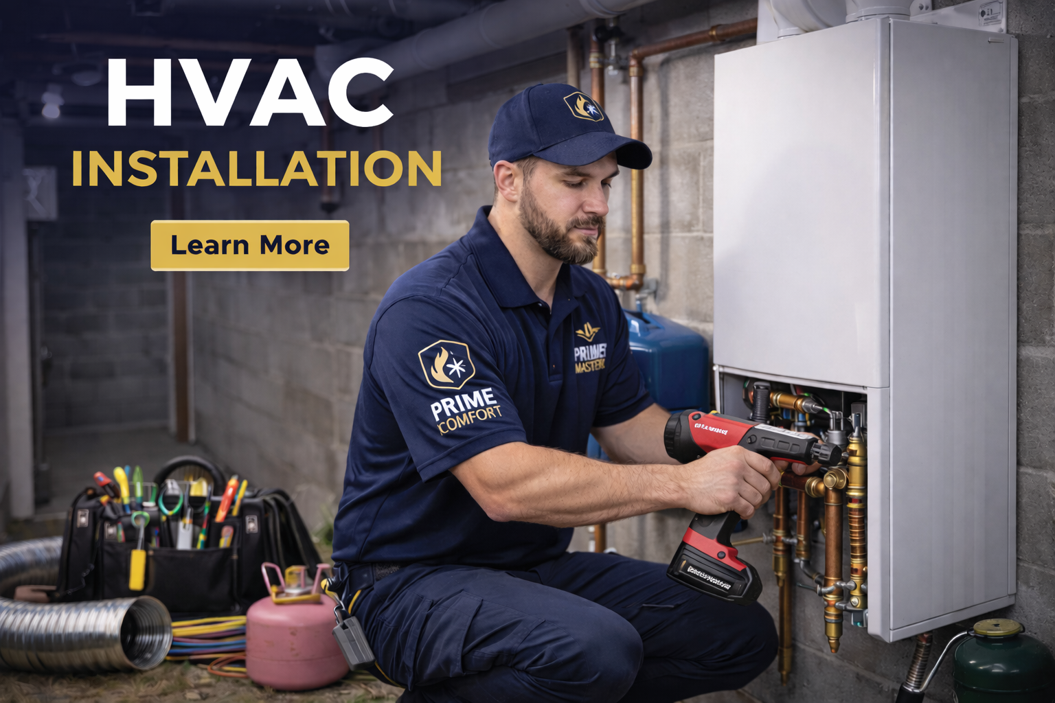HVAC technician repairing a boiler or furnace with a power drill, tools and equipment nearby in a basement or utility room.