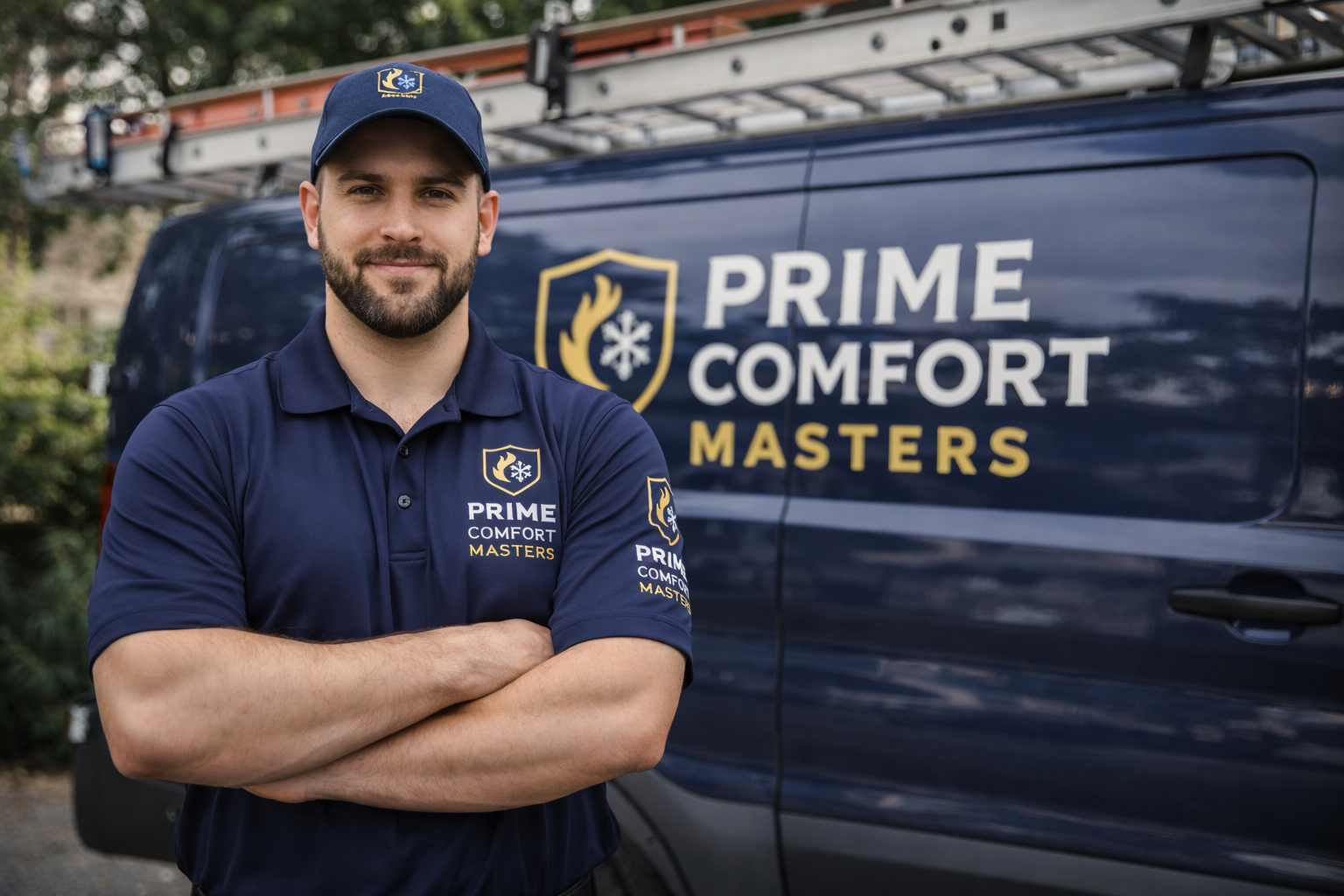 A smiling man in a blue polo shirt and cap standing in front of a dark blue van with 'Prime Comfort Masters' branding, arms crossed, outdoors.