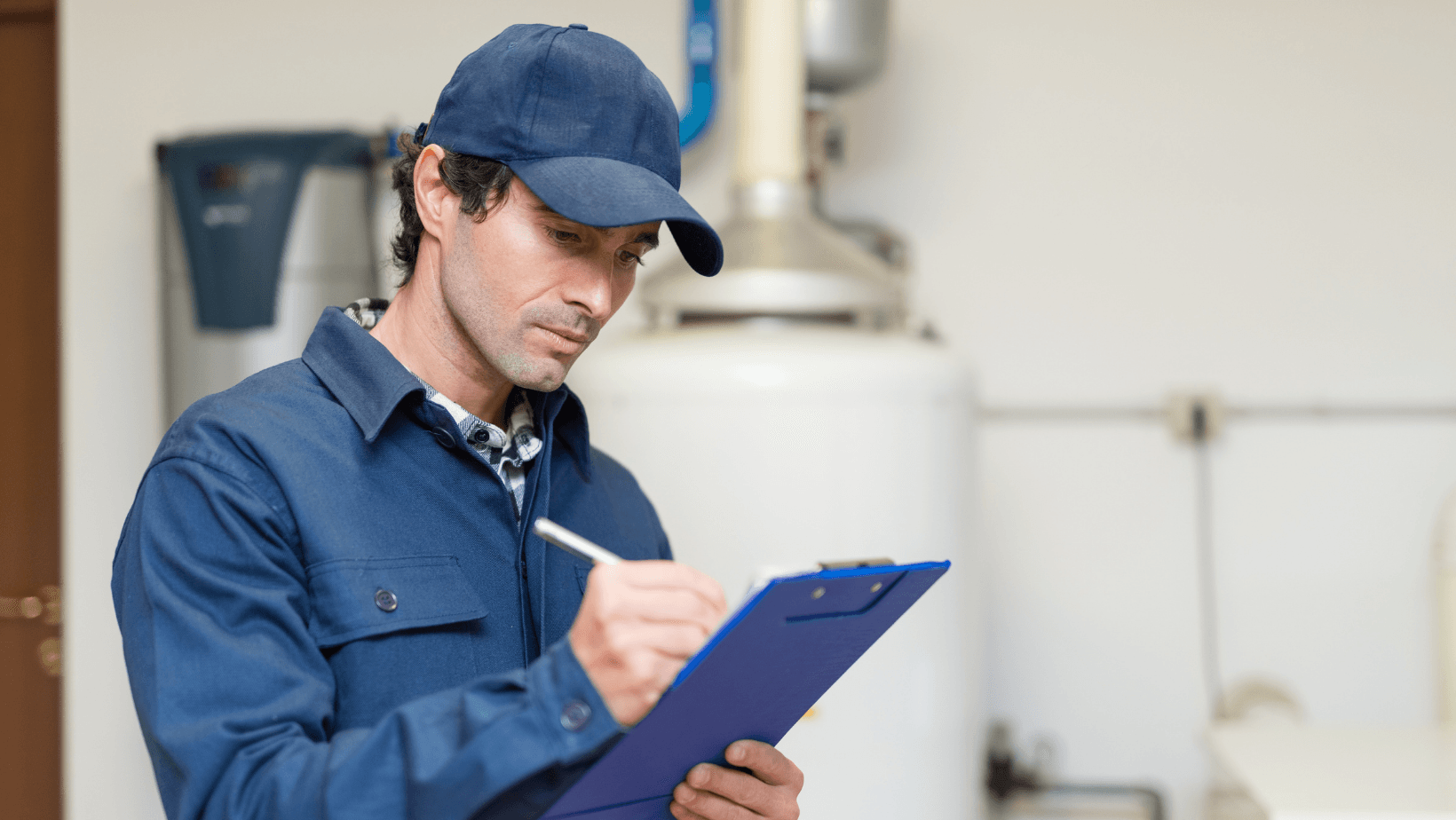 A man in a blue uniform and cap writes on a clipboard in an indoor setting, possibly a maintenance or utility room.