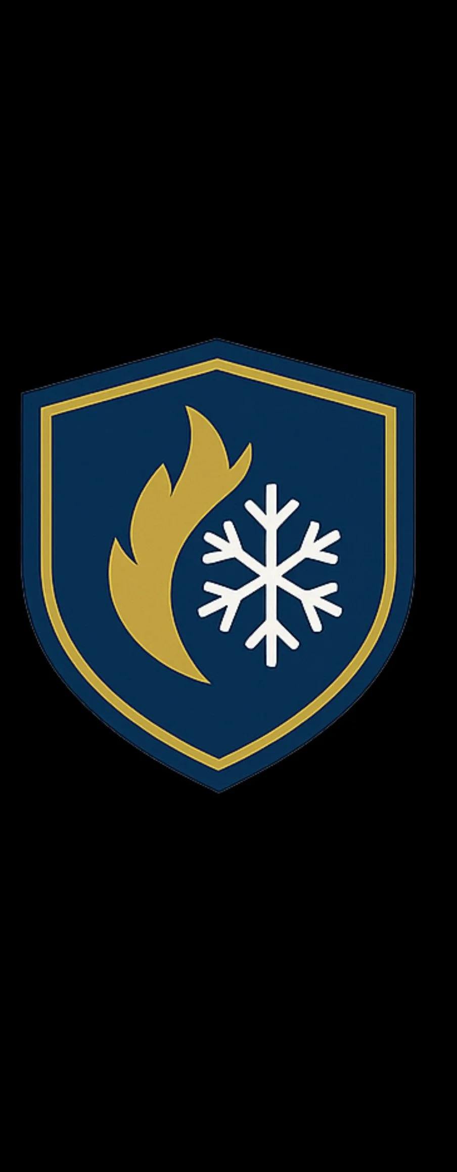 A shield emblem with a gold flame on the left and a white snowflake on the right, set against a dark blue background with a gold border.