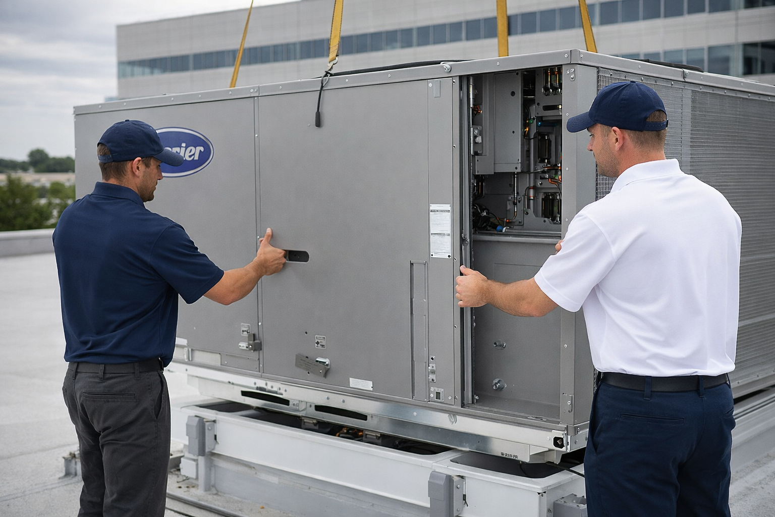 Two technicians inspecting and working on an HVAC rooftop air conditioning unit.