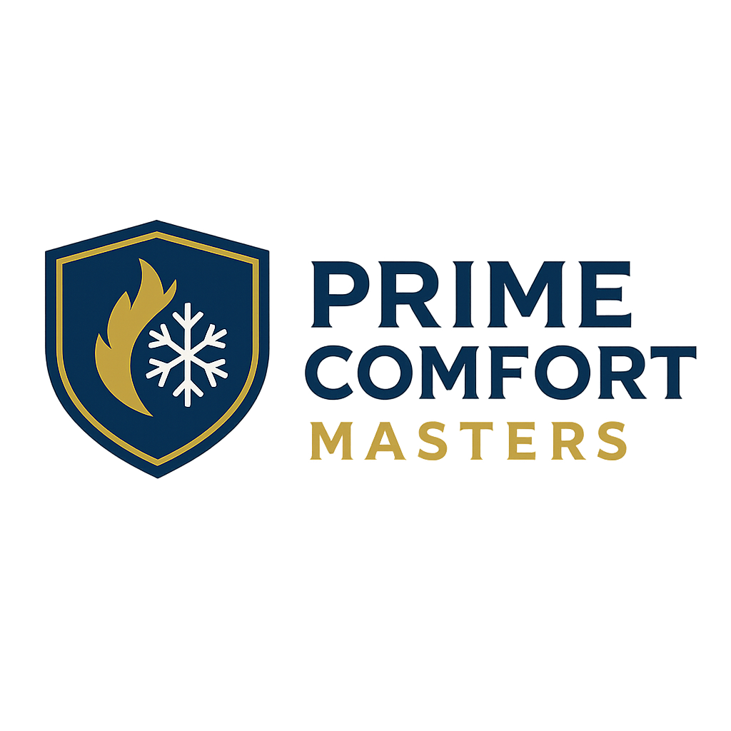 Logo for Prime Comfort Masters featuring a shield with a flame and snowflake, and text 'Prime Comfort Masters'.