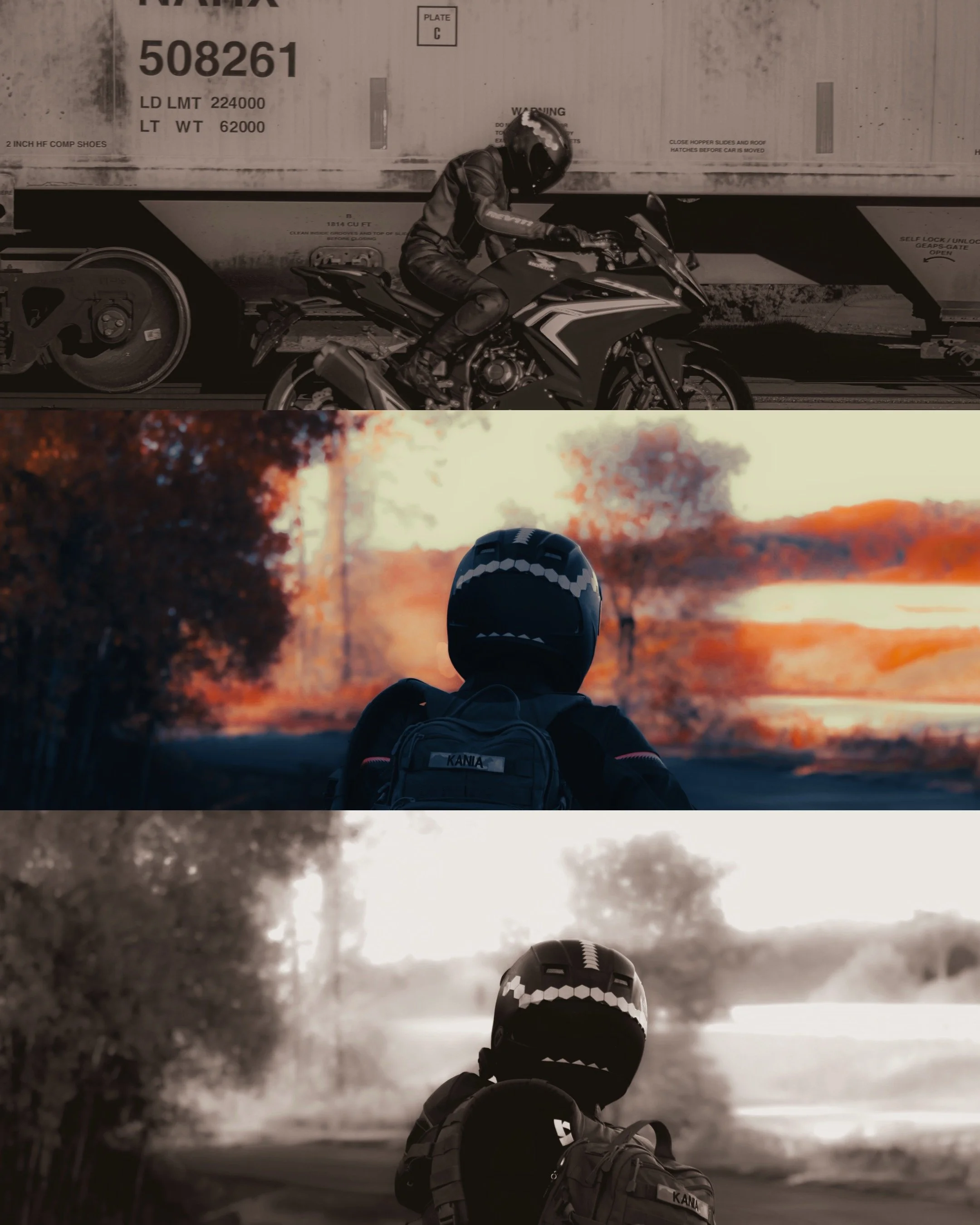 Sequence of three photos showing a person wearing a helmet and riding a motorcycle biking along a scenic route, with the photos taken at different times and filters: color, sepia, and black and white.