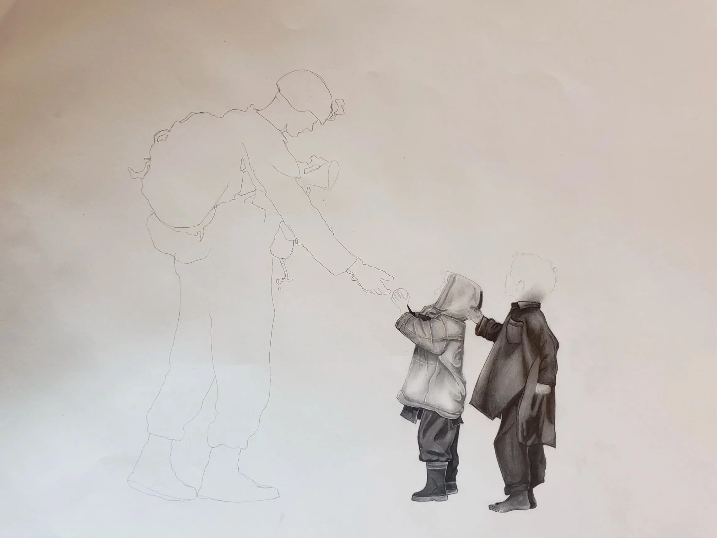 A graphite pencil drawing of an adult soldier reaching out to two children. The drawing is partially incomplete, with only the outline of the soldier fully sketched and the children rendered in detailed, shaded black and white.