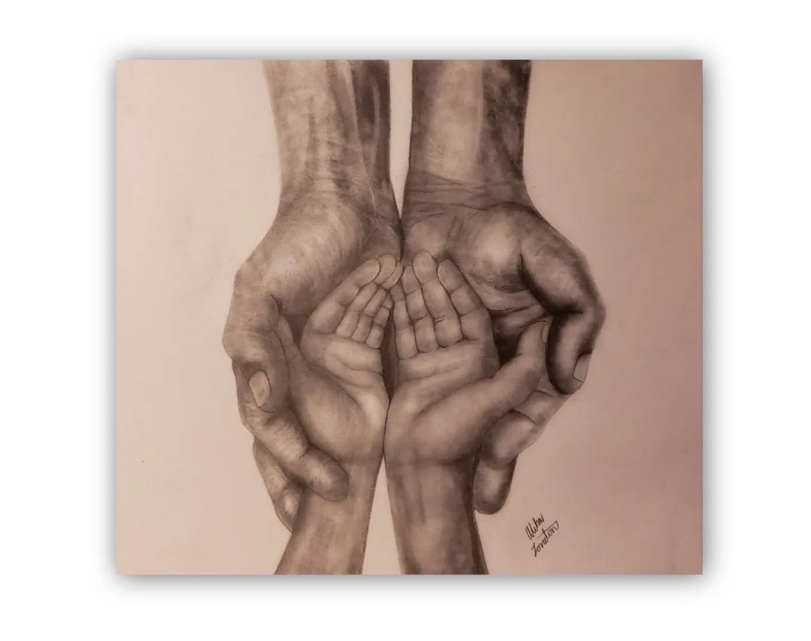 Drawing of large adult hands holding smaller child hands, creating a symbol of care and protection. Also symbolizing generation as the adults hands are aged with wrinkles and the youths hands are soft and small.