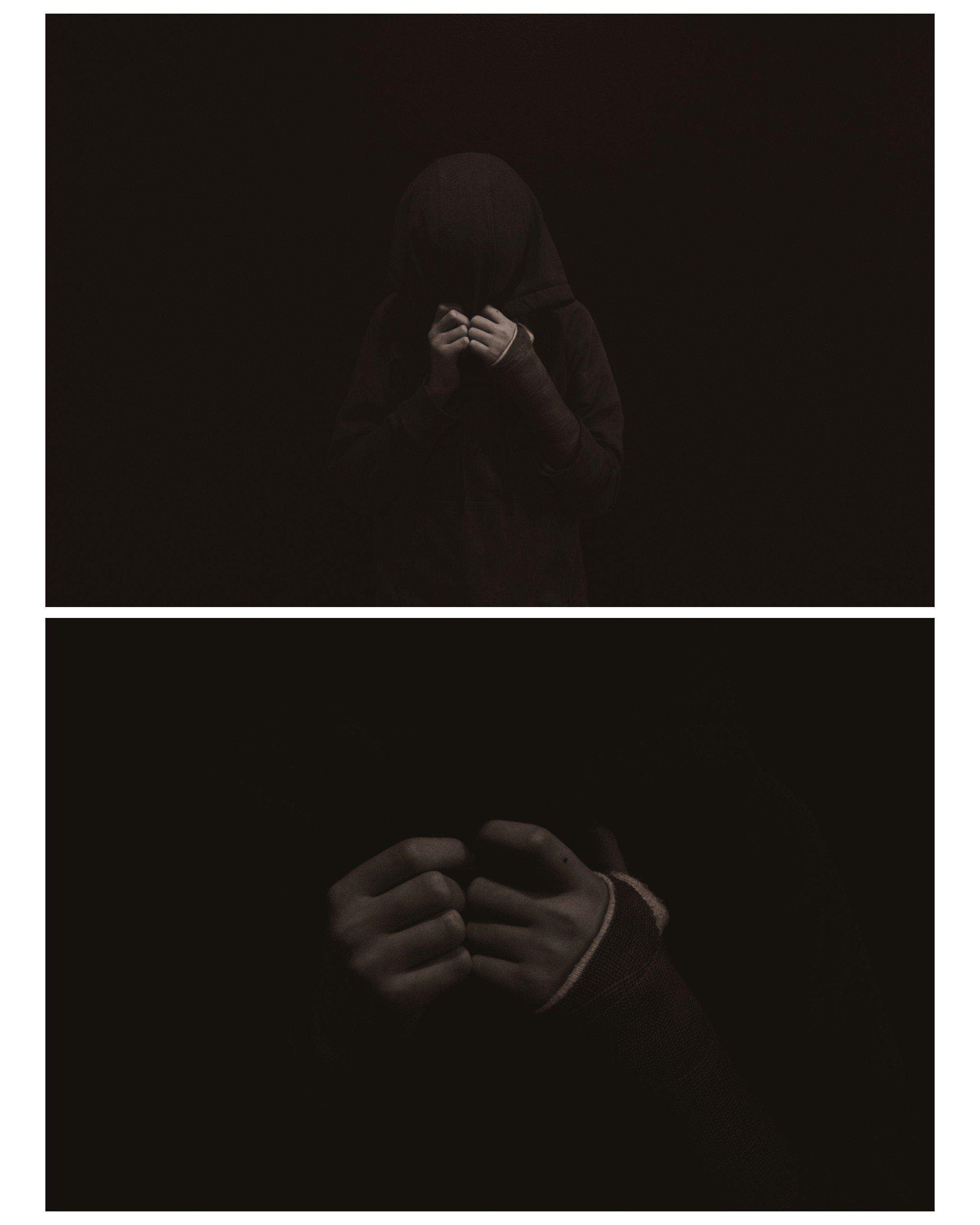Dark photo of a person in a hoodie with face covered, and a close-up of hands in a fist against a black background.