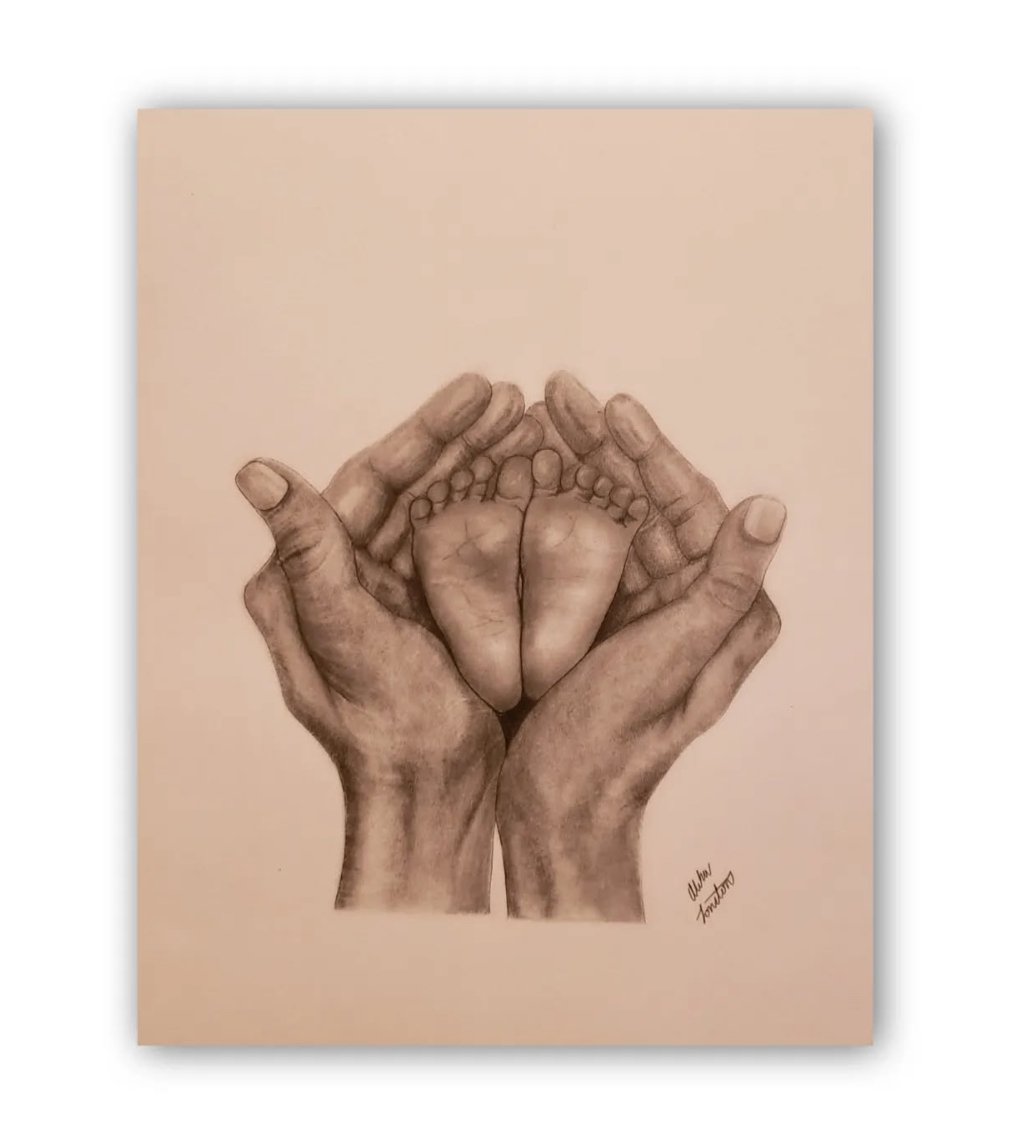 Drawing of two adult hands holding their baby's feet creating an almost heart shaped look.