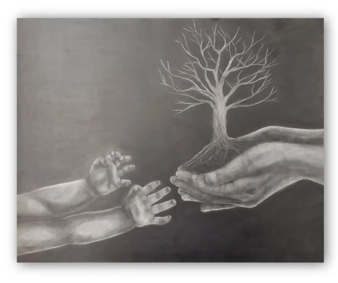 A drawing of two adult hands holding a small tree with roots, and two baby hands reaching out towards it.