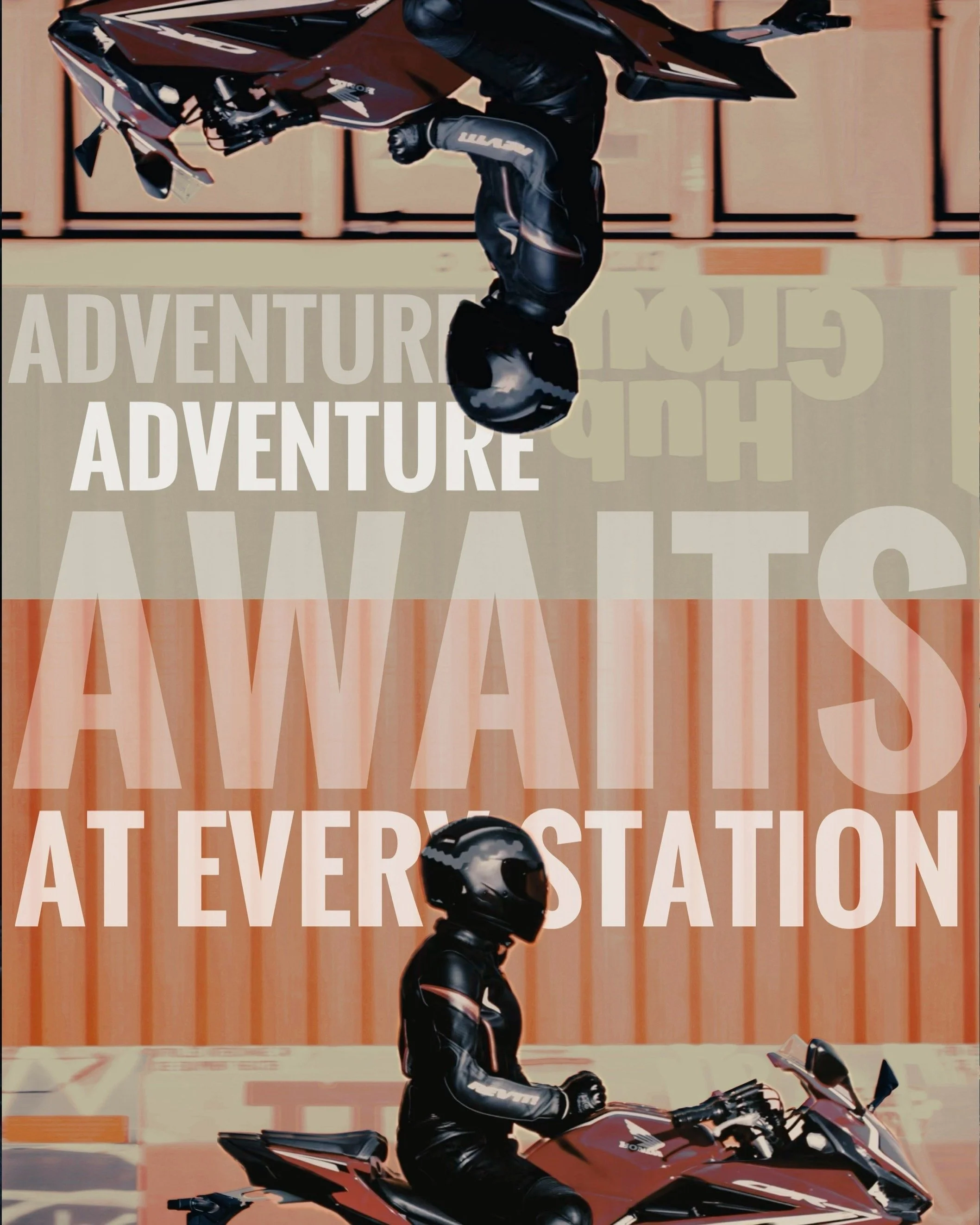 A motorcyclist in black riding gear and helmet sitting on a motorcycle with a large sign in the background that reads 'ADVENTURE AWAITS AT EVERY STATION'.