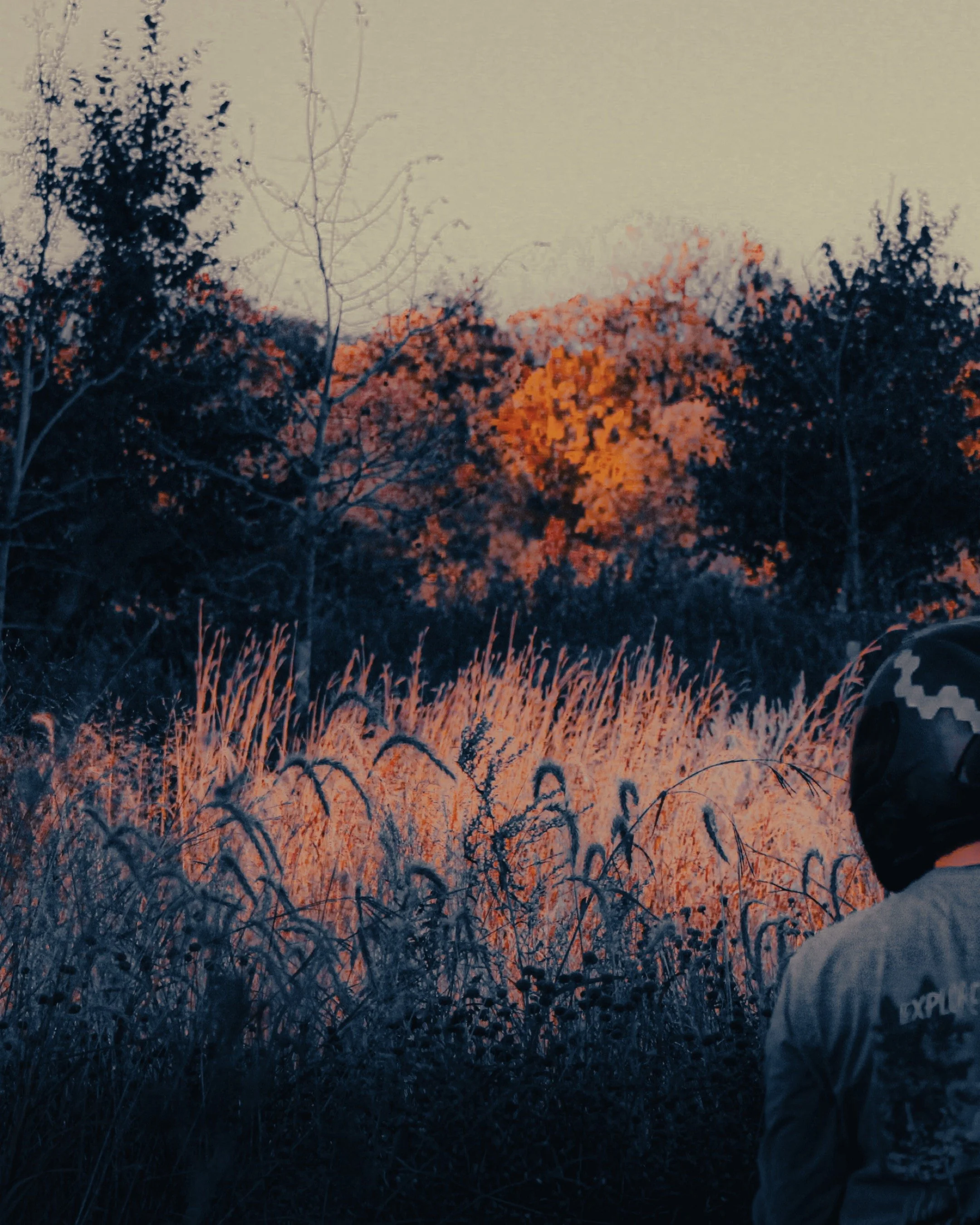 A person wearing a camouflage helmet and a gray shirt with the word 'EXPLORE' on the back is sitting in a field of tall grass with trees and autumn foliage in the background.