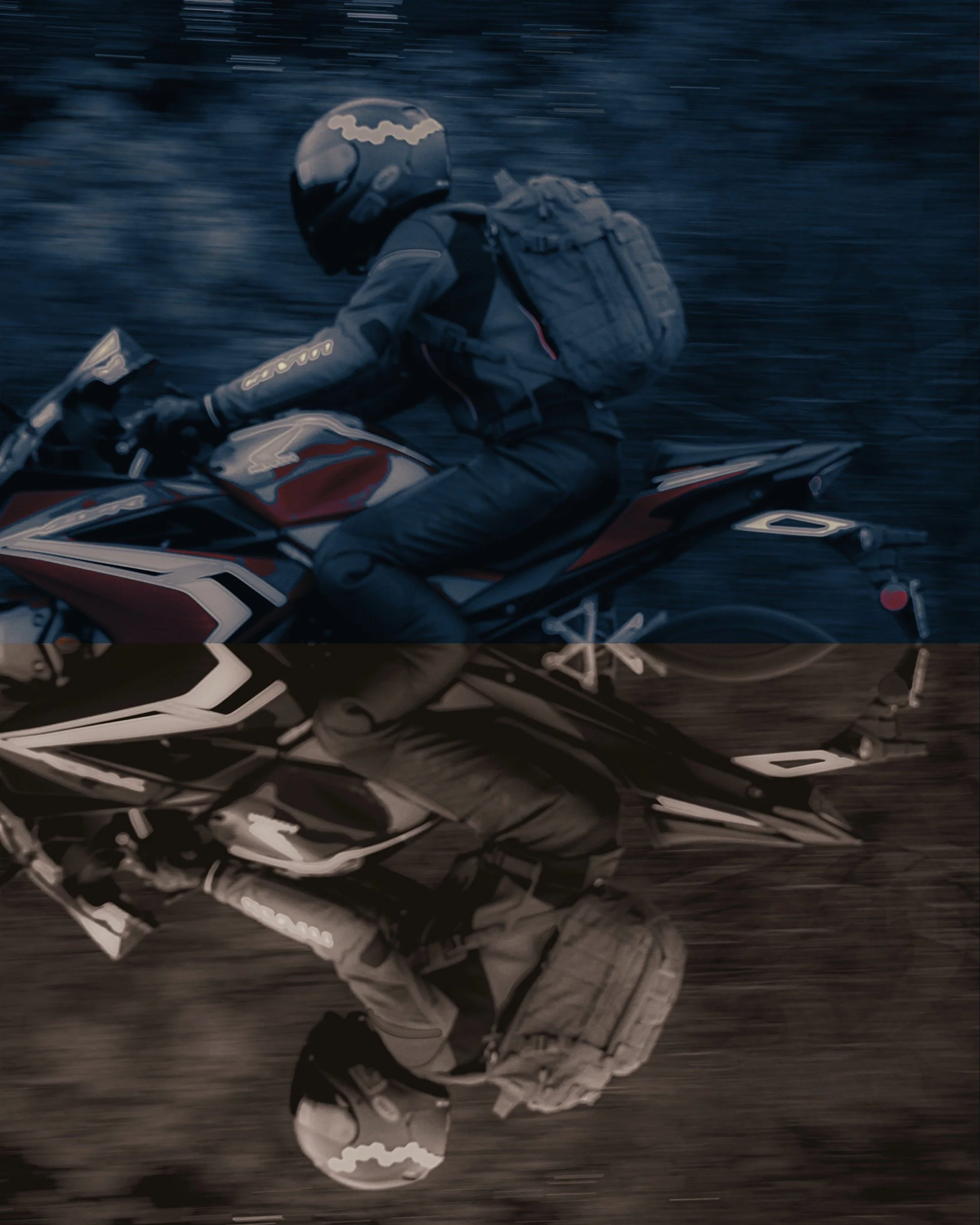 Two motorcyclists riding on a road, one in color above and one in black and white below.