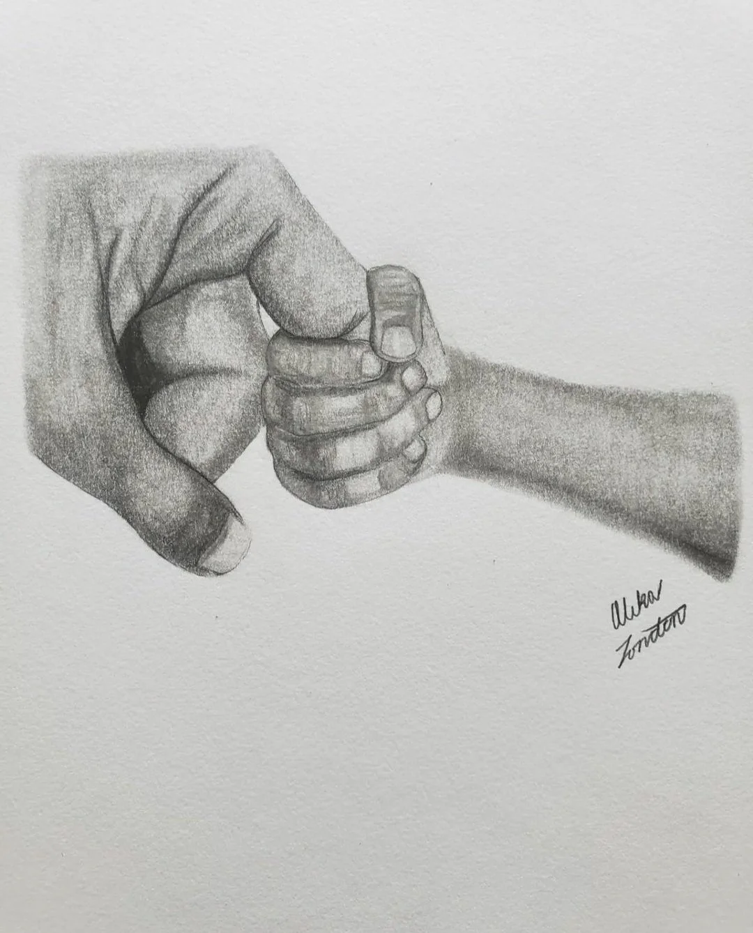 A soft beautiful pencil drawing of an adult hand and child's hand, the child’s hand is reaching up grasping the pointer finger of the adult. The drawing is signed by the artist Aleka London at the bottom right corner.