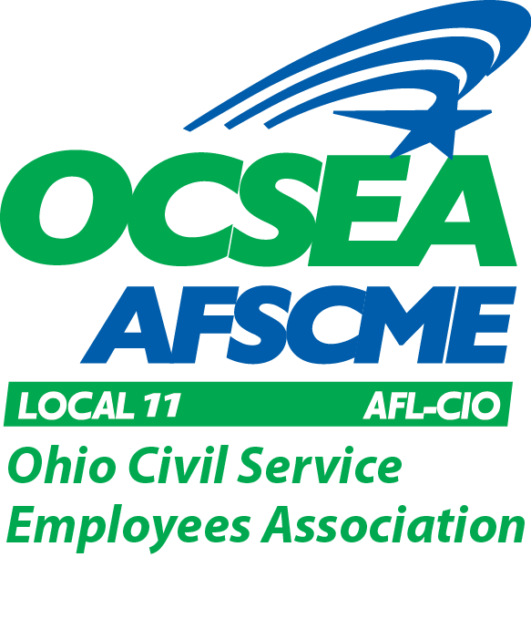 Logo for Ohio Civil Service Employees Association, featuring the acronyms OCSEA and AFSCME, with green and blue text and a stylized blue and black arc design.
