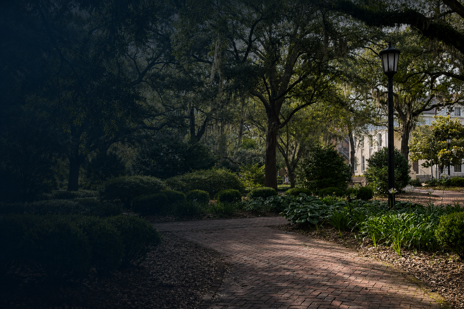 a winding path inside a classic Savannah square