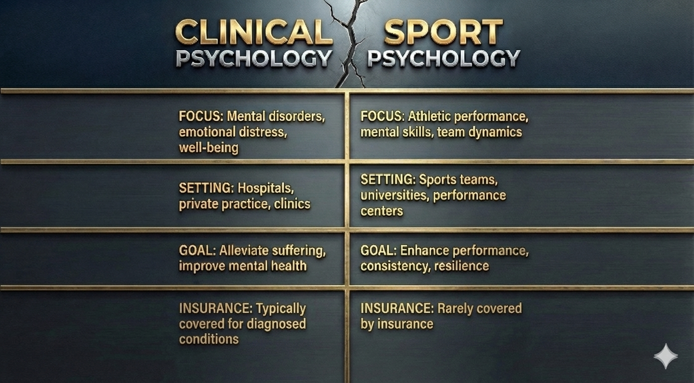 Comparison chart of clinical and sport psychology, highlighting focus, setting, goals, and insurance coverage for each.