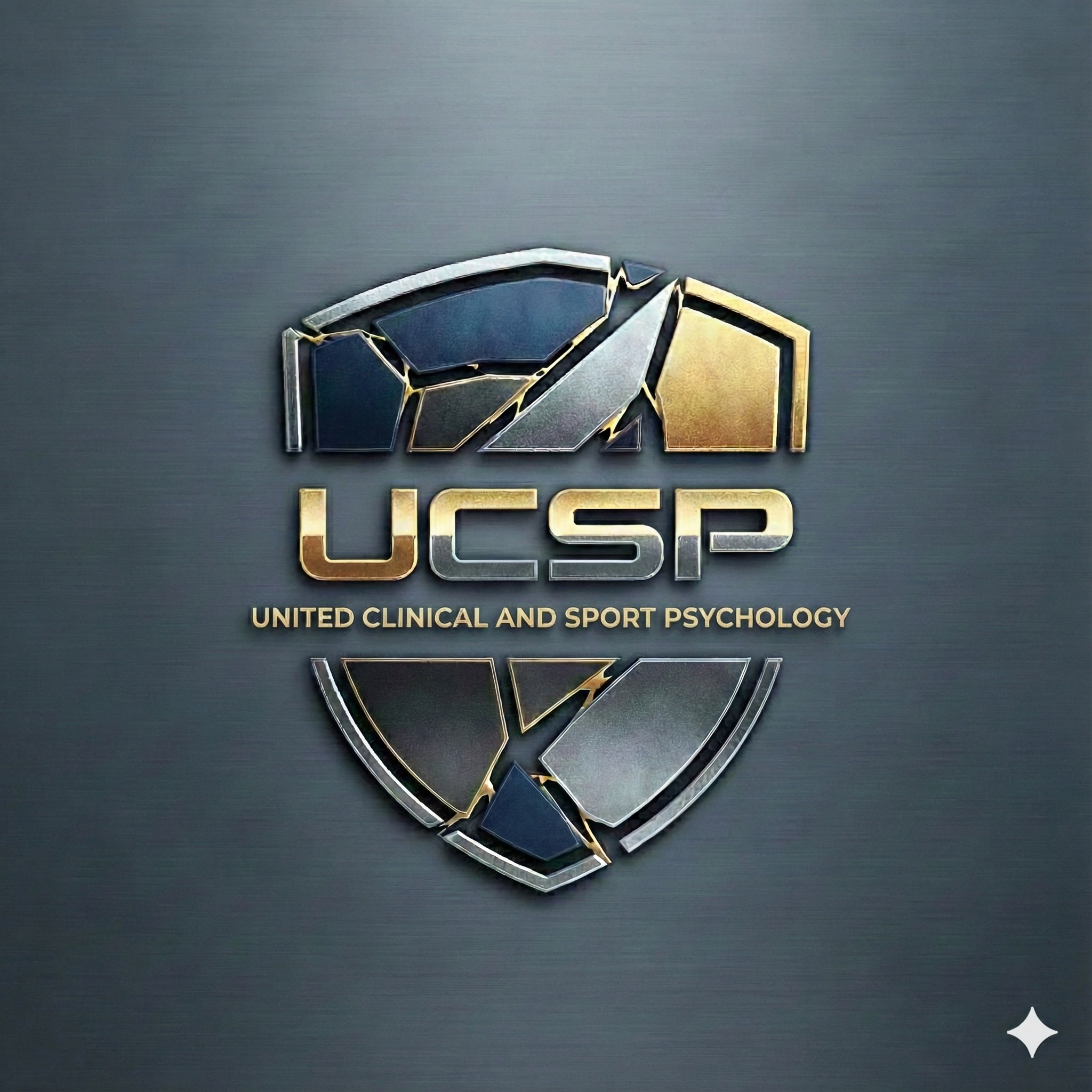 Logo of the United Clinical and Sport Psychology (UCSP) featuring a shield with abstract shapes and the name beneath.